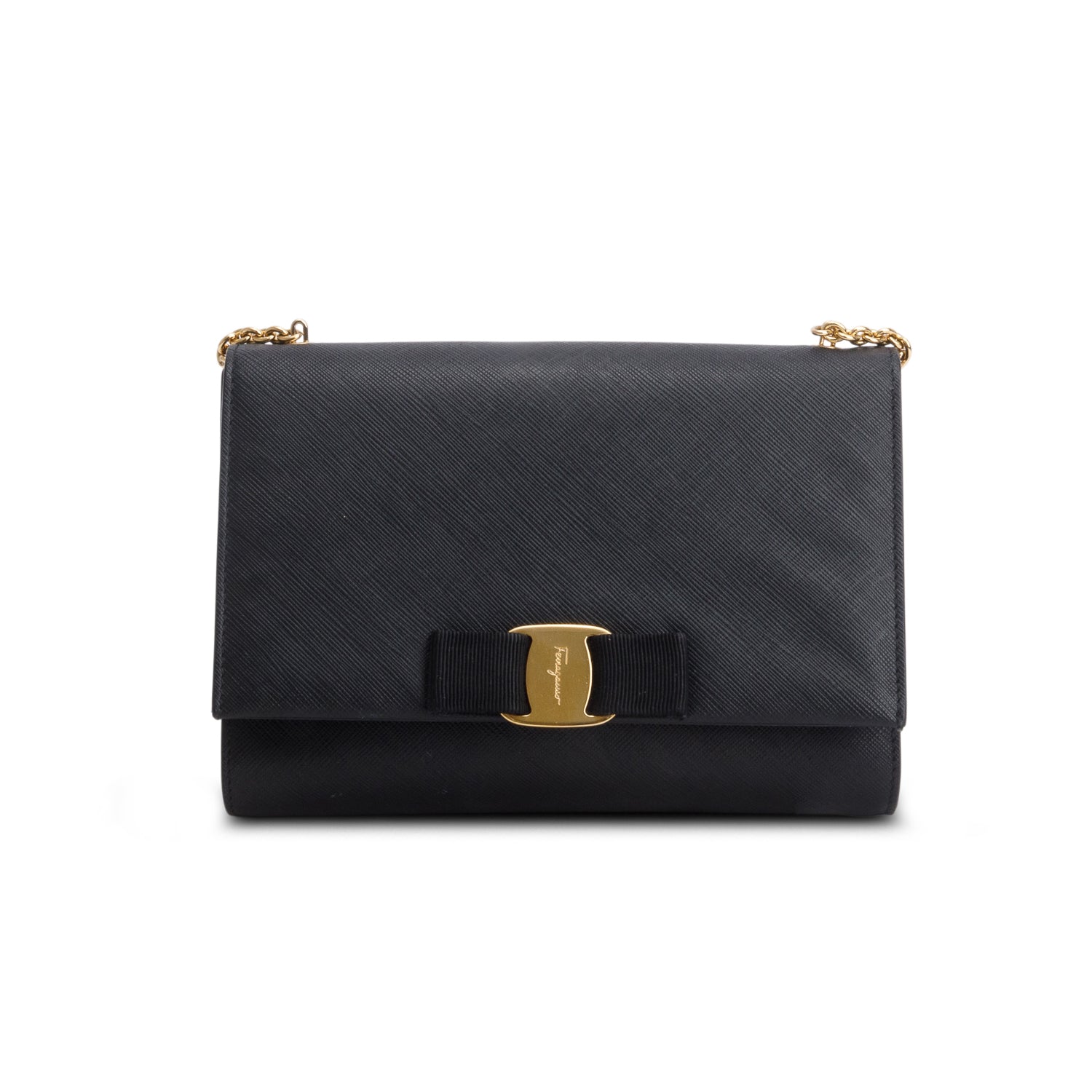 Ferragamo Black Hammered Calfskin Vara Bow Chain Flap Crossbody w/ Box