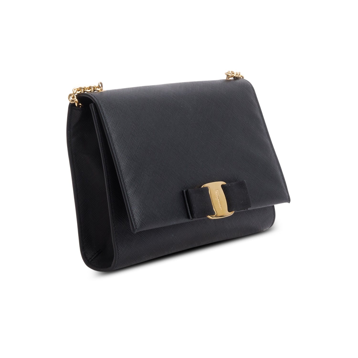 Ferragamo Black Hammered Calfskin Vara Bow Chain Flap Crossbody w/ Box