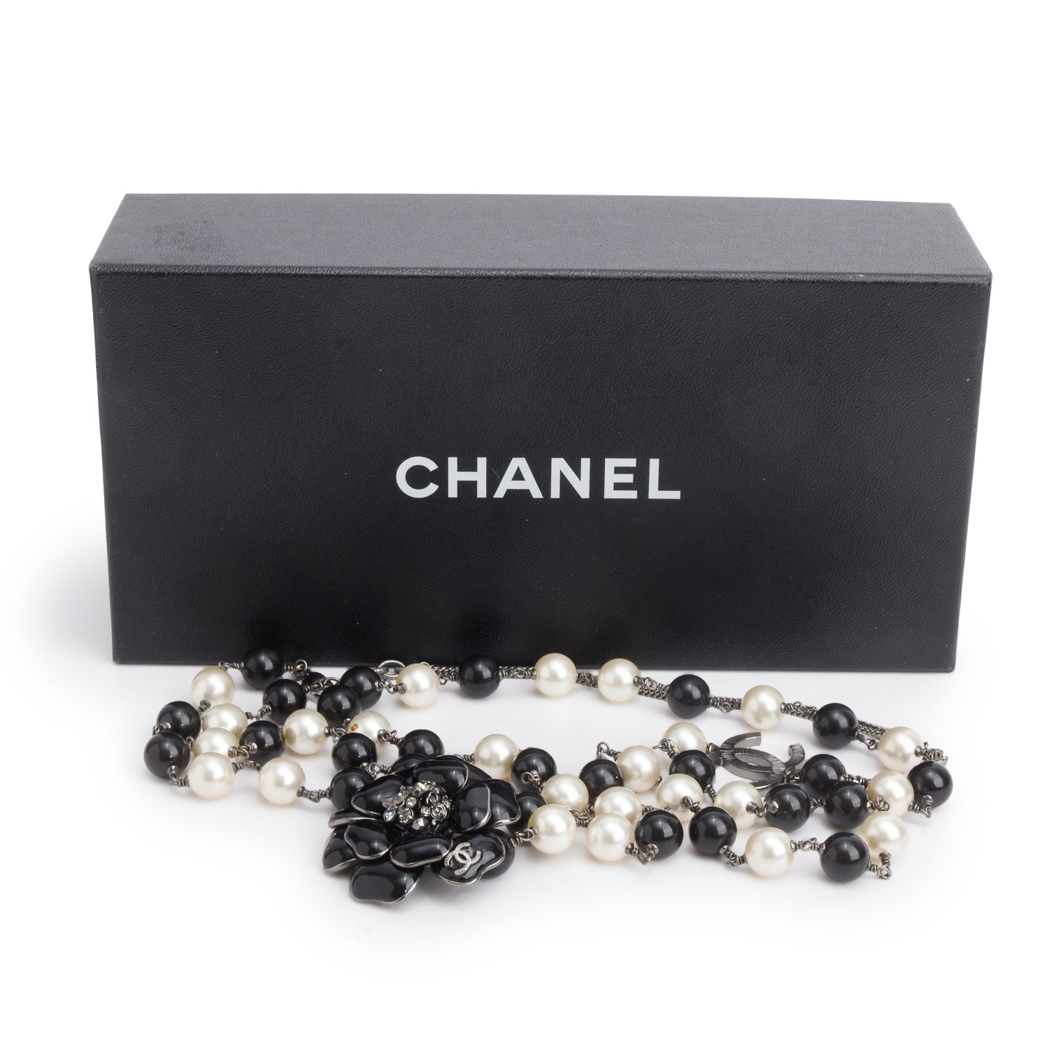 Chanel Ruthenium Faux Pearl, Resin & Crystal Camellia CC Necklace w/ Box
