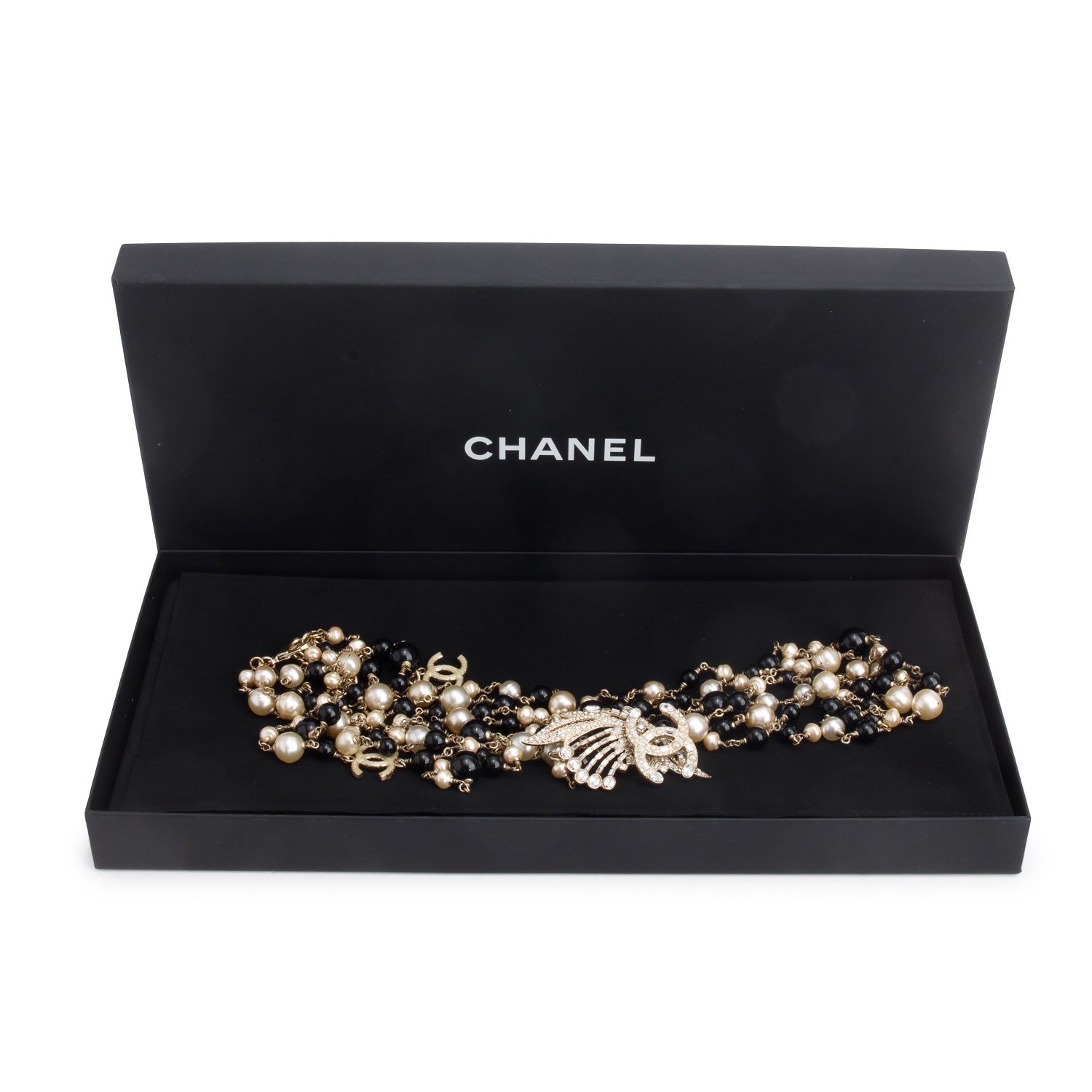 Chanel Gold-Plated Faux Pearl, Glass Bead & Strass Feather CC Multistrand Necklace w/ Box
