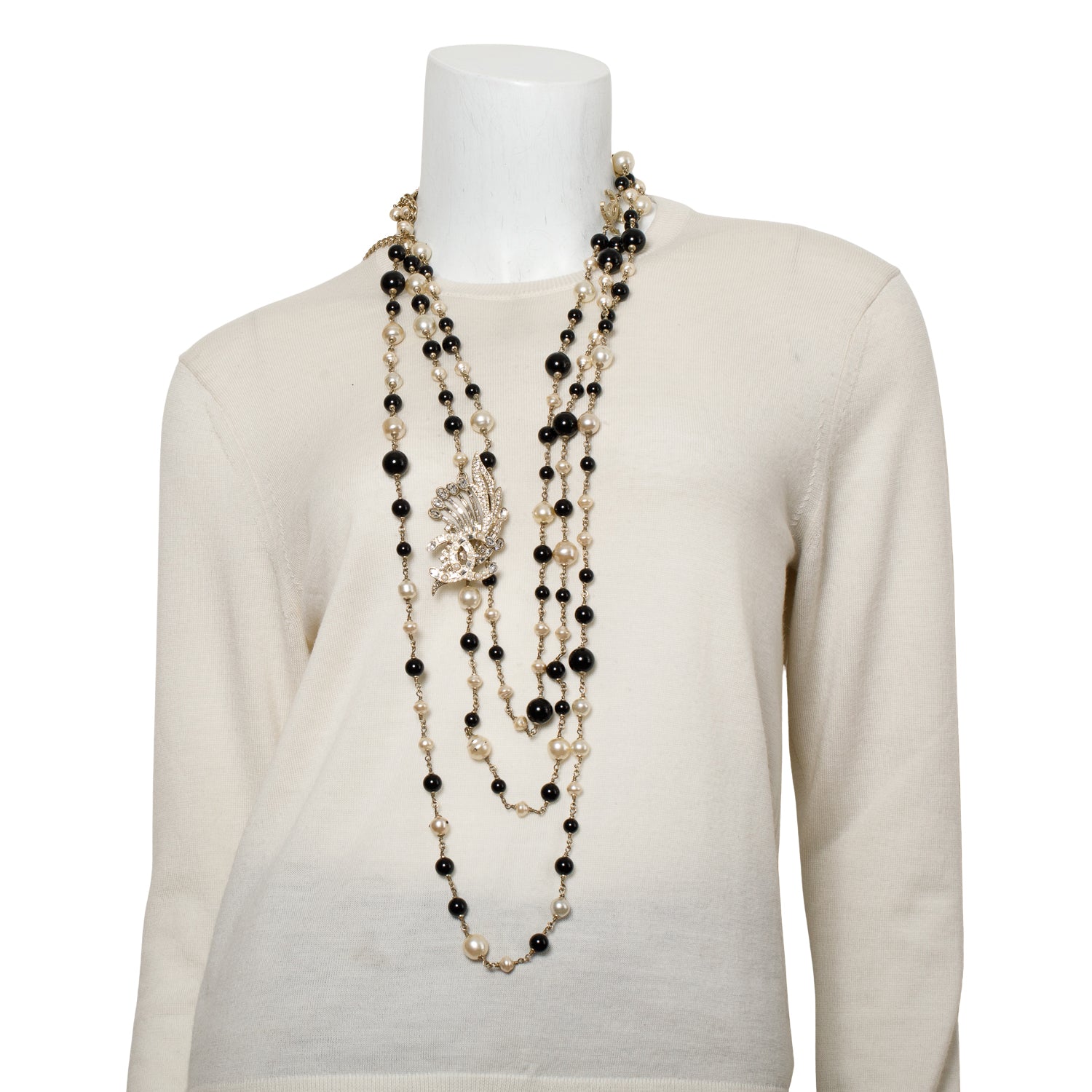 Chanel Gold-Plated Faux Pearl, Glass Bead & Strass Feather CC Multistrand Necklace w/ Box