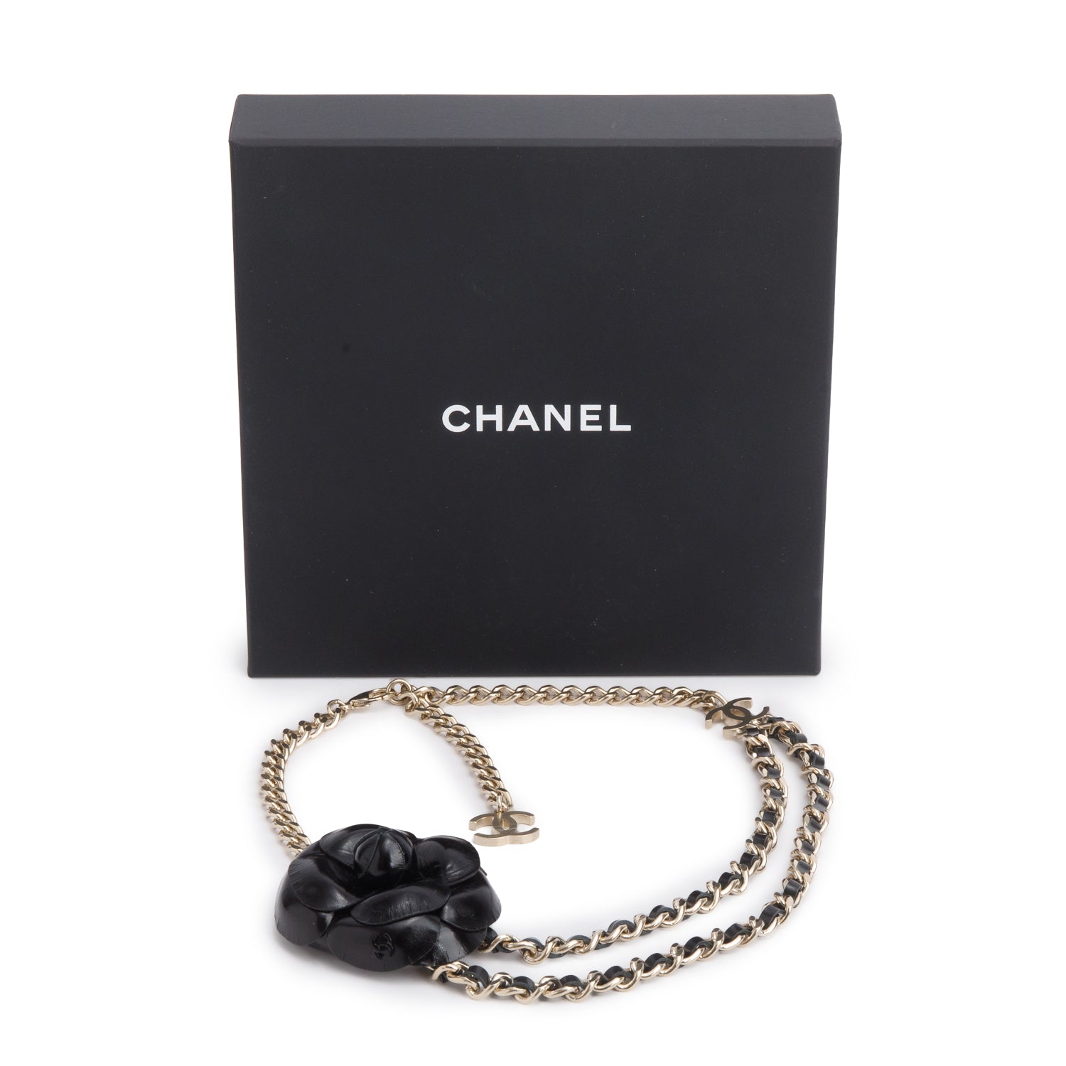 Chanel Gold Plated Leather Camellia Accent CC Choker Necklace w/ Box