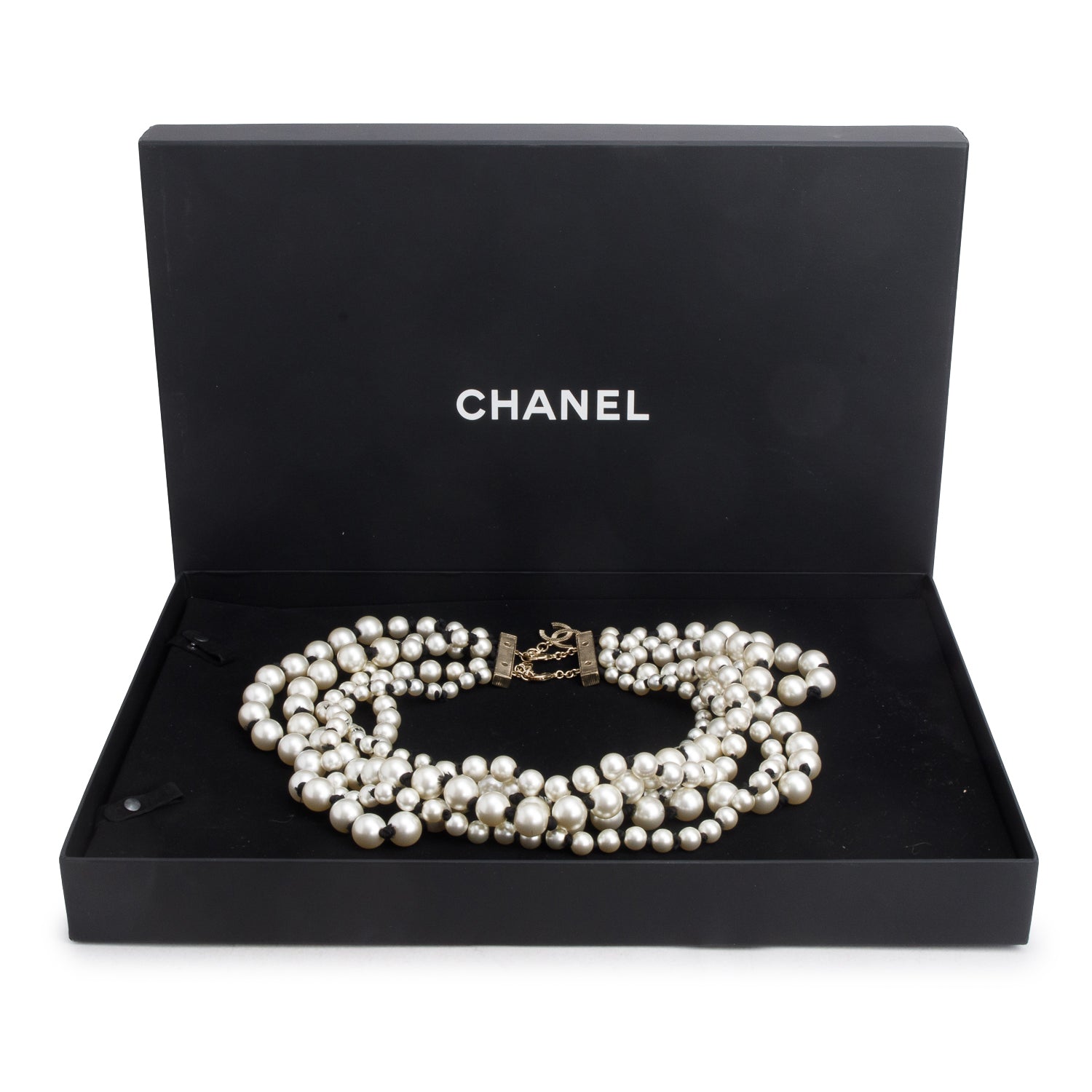 Chanel Gold-Plated Graduated Faux Pearl CC Multistrand Necklace w/ Box