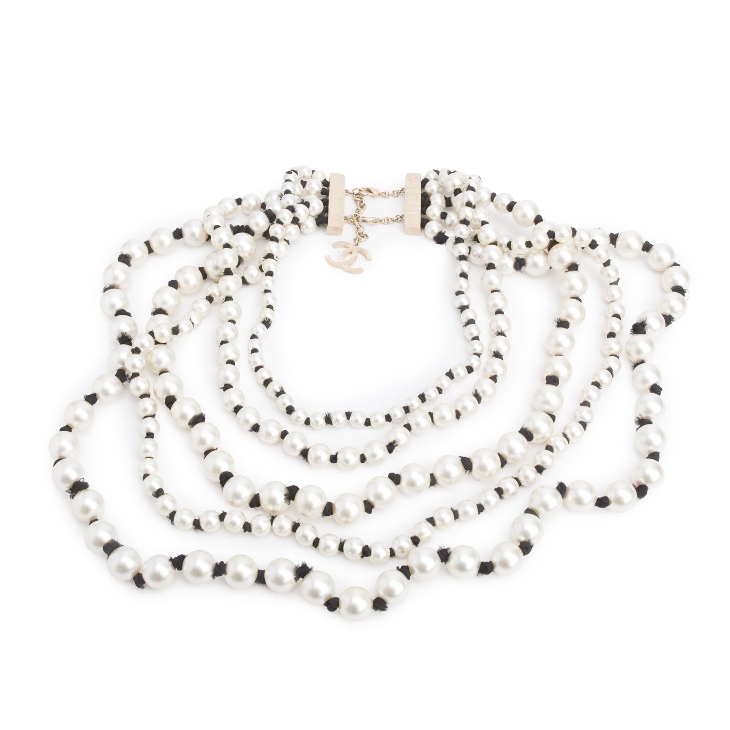 Chanel Gold-Plated Graduated Faux Pearl CC Multistrand Necklace w/ Box