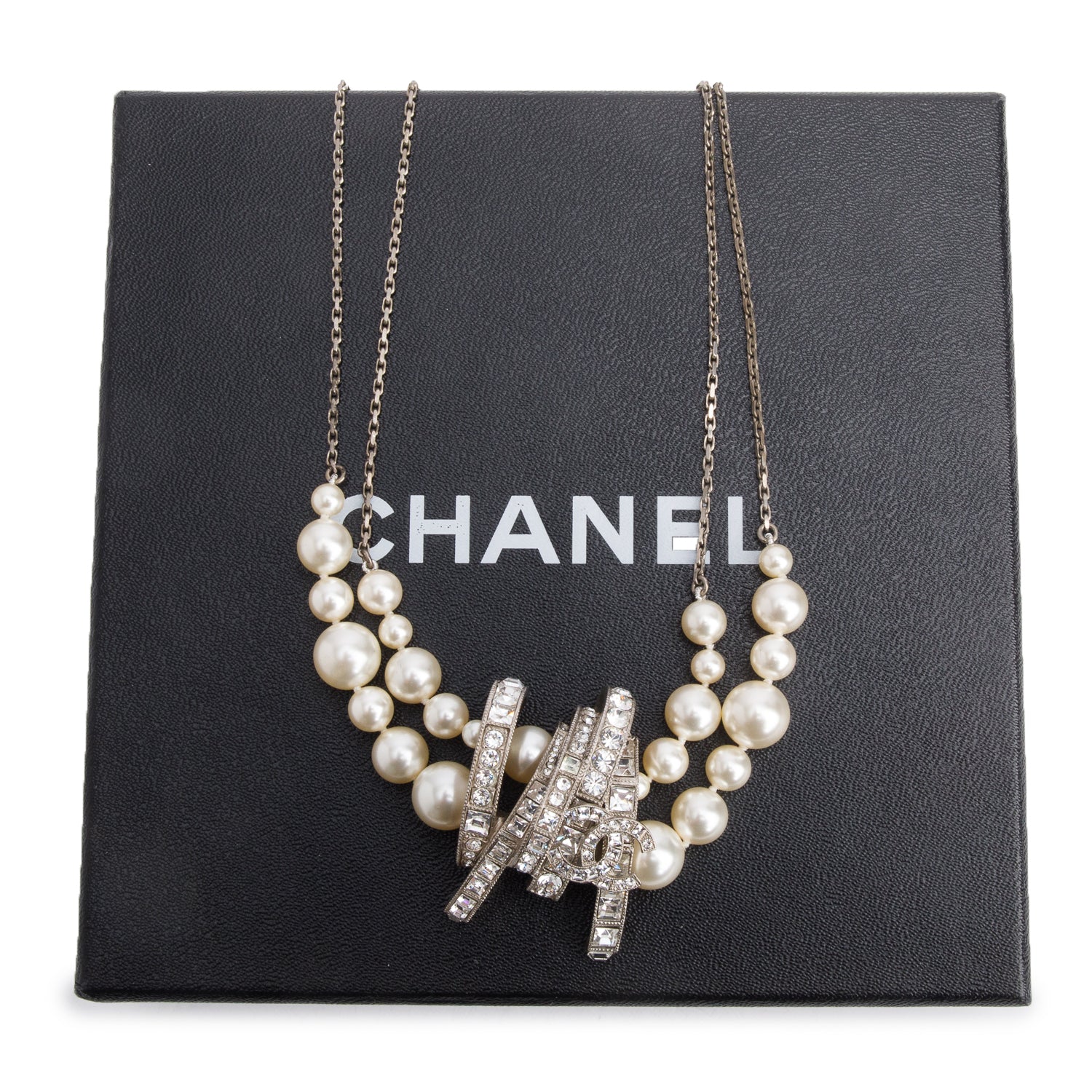 Chanel Palladium-Plated Faux Pearl & Strass Virginie Viard CC Double Strand Necklace w/ Box