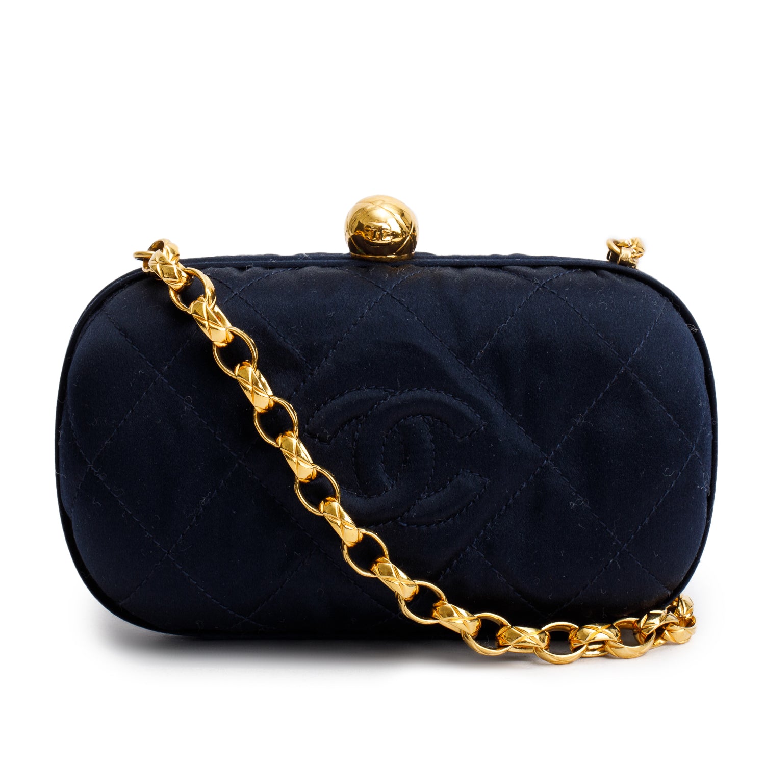 Chanel Vintage Navy Satin Quilted Mini Bijoux Clutch