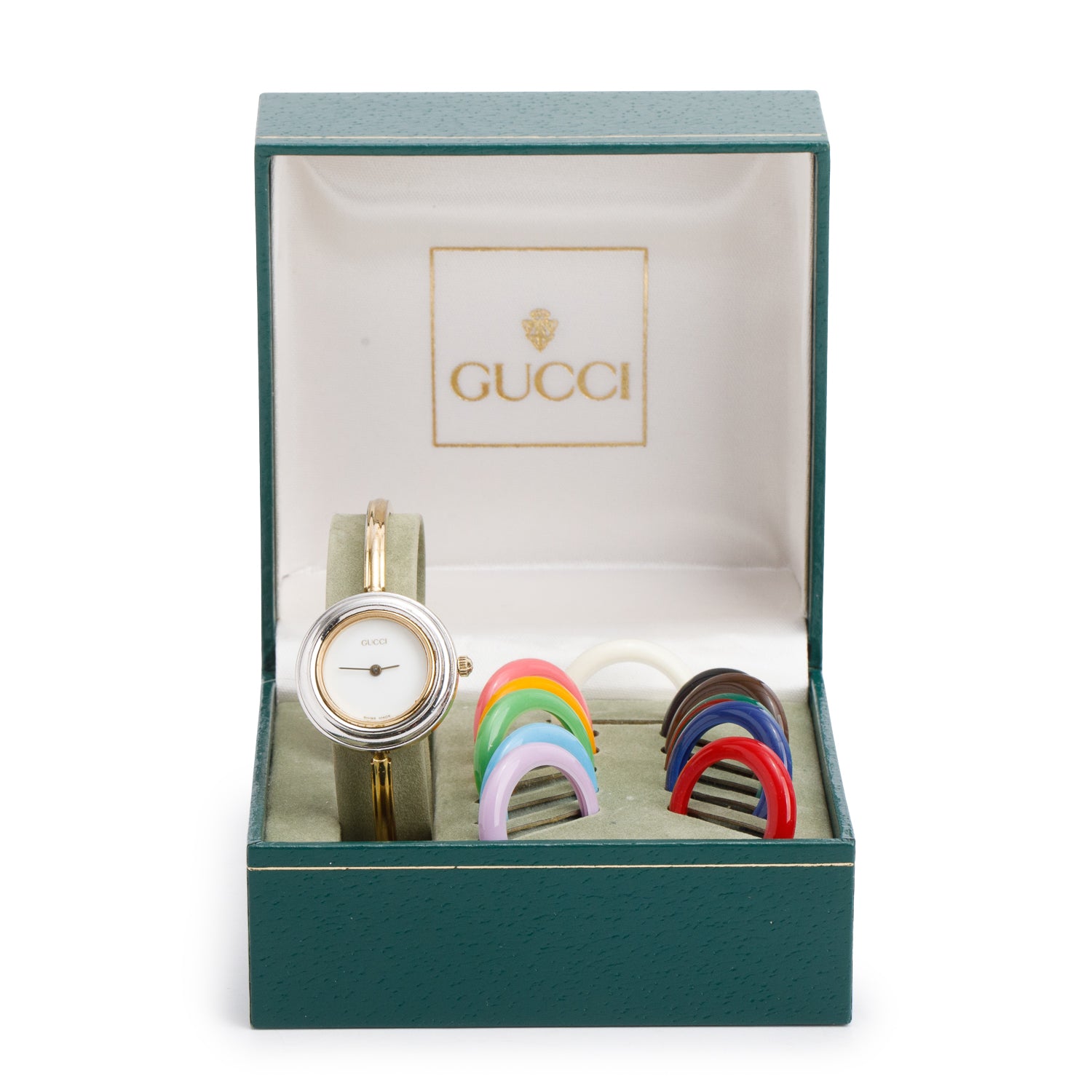Gucci Gold Plated Stainless Steel 1100 Series 26 MM Watch White Dial w/ Box & 12 Multicolour Bezels
