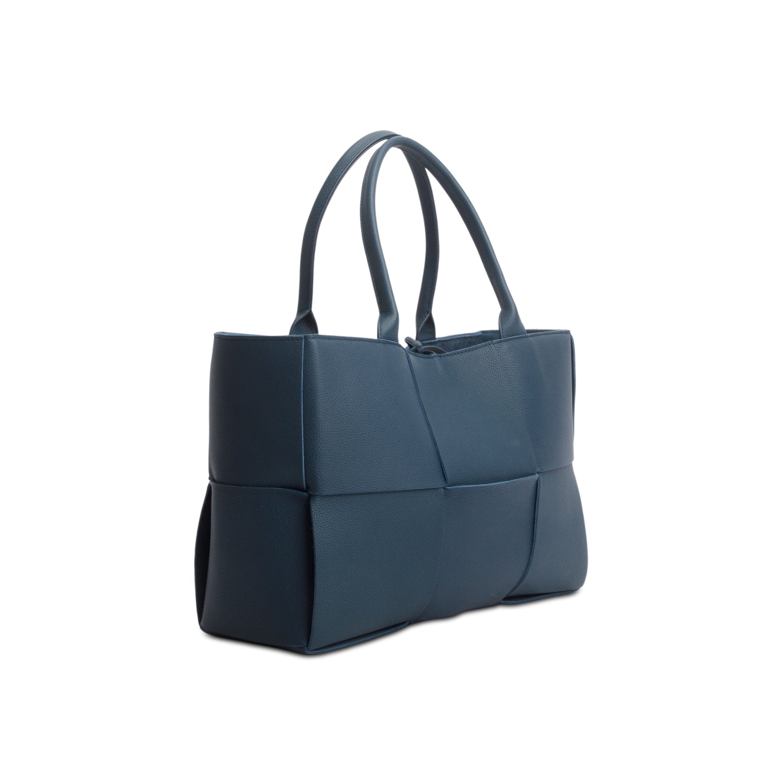 Bottega Veneta Blue Grained Calfskin Maxi Intrecciato Leather Medium Arco Tote w/ Pouch
