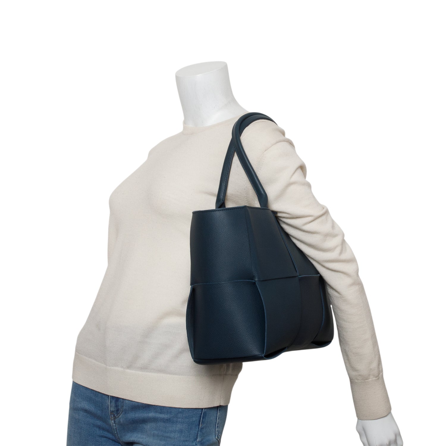 Bottega Veneta Blue Grained Calfskin Maxi Intrecciato Leather Medium Arco Tote w/ Pouch
