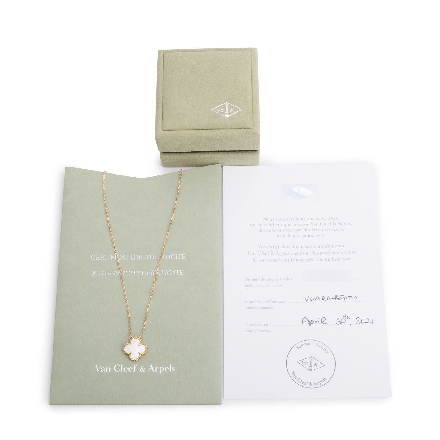 Van Cleef & Arpels 2021 18k Yellow Gold Vintage Alhambra Mother of Pearl Pendant Necklace w/ Box, Receipt & Certificate