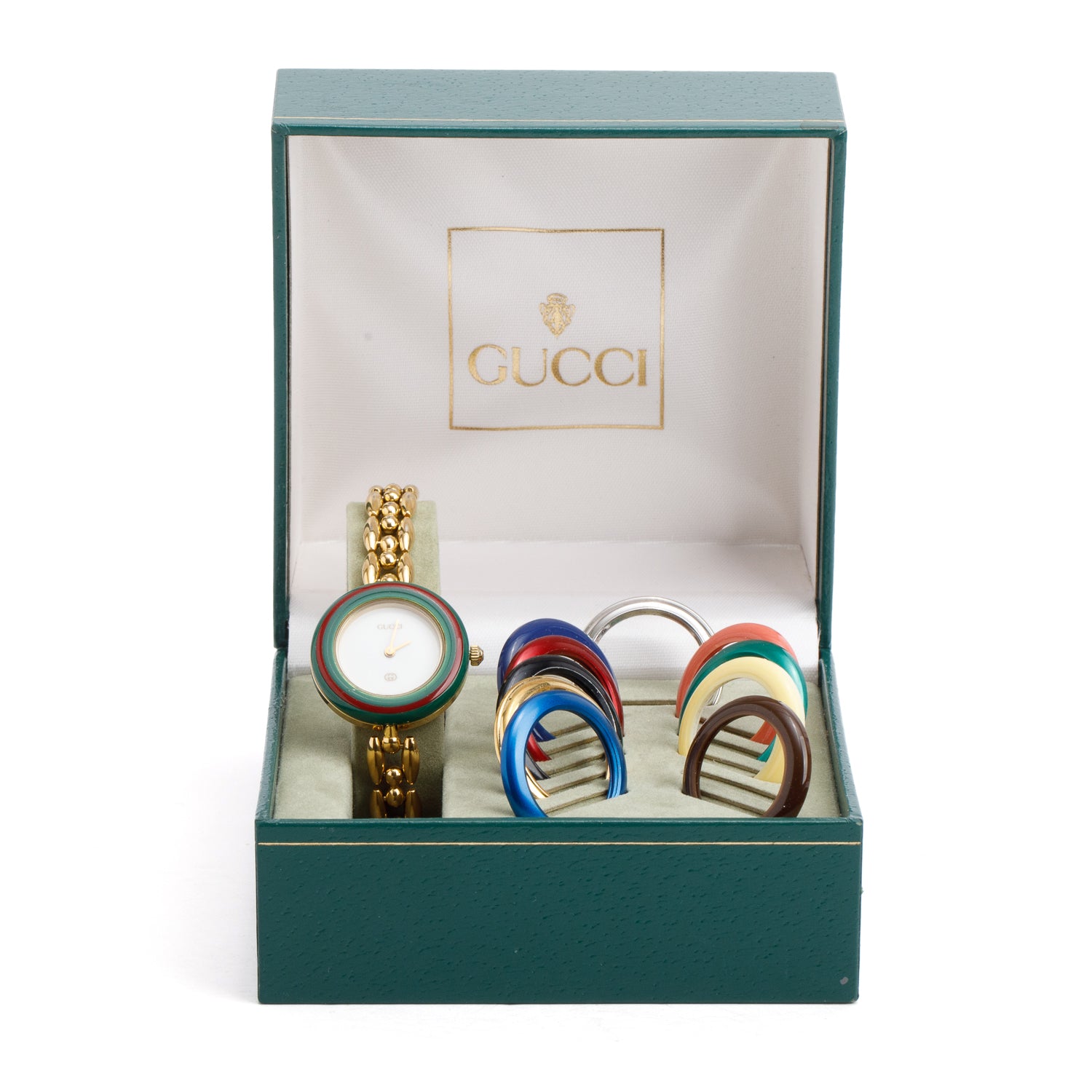 Gucci Gold Plated Stainless Steel 1100 Series 26 MM Watch White Dial w/ Box & 12 Multicolour Bezels