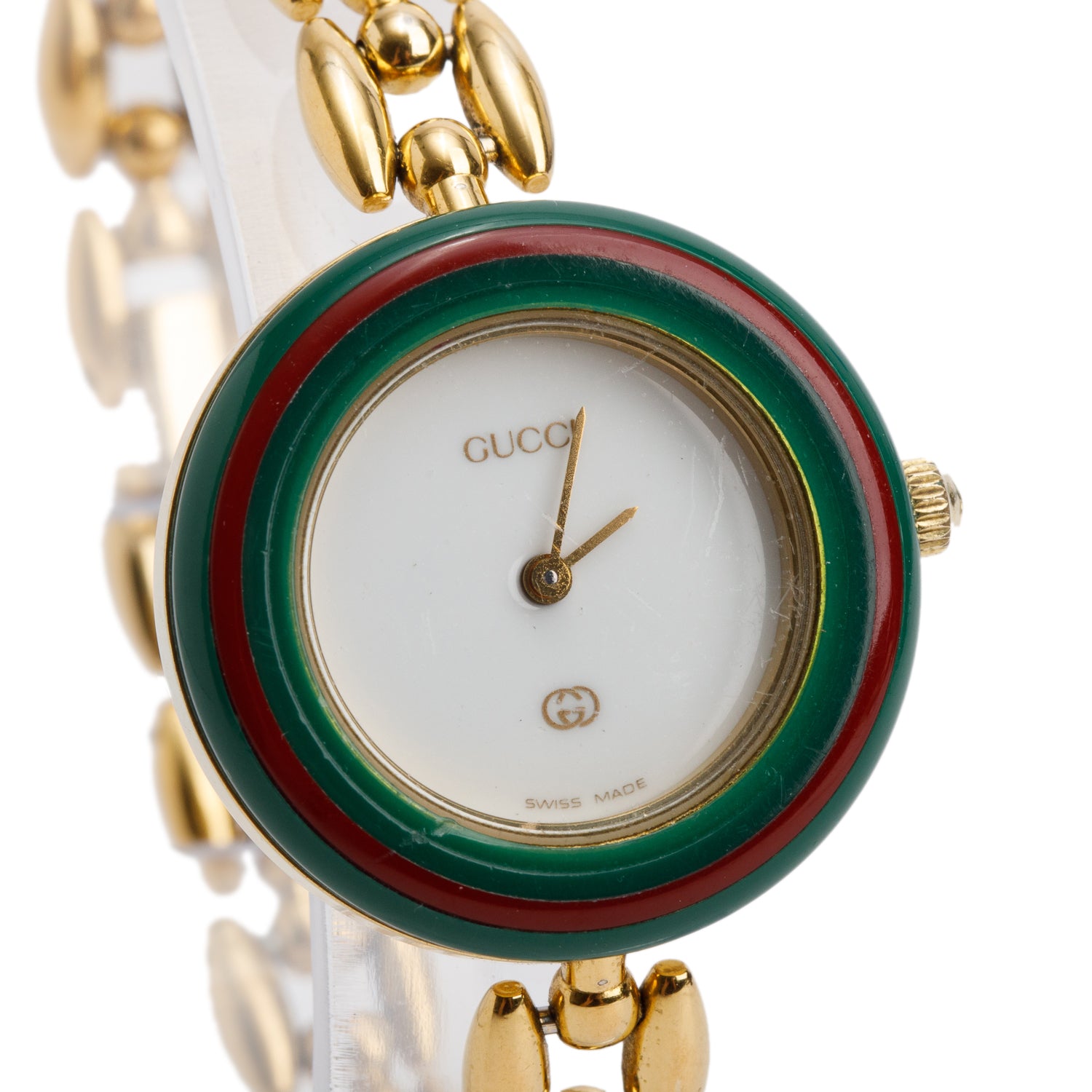 Gucci Gold Plated Stainless Steel 1100 Series 26 MM Watch White Dial w/ Box & 12 Multicolour Bezels