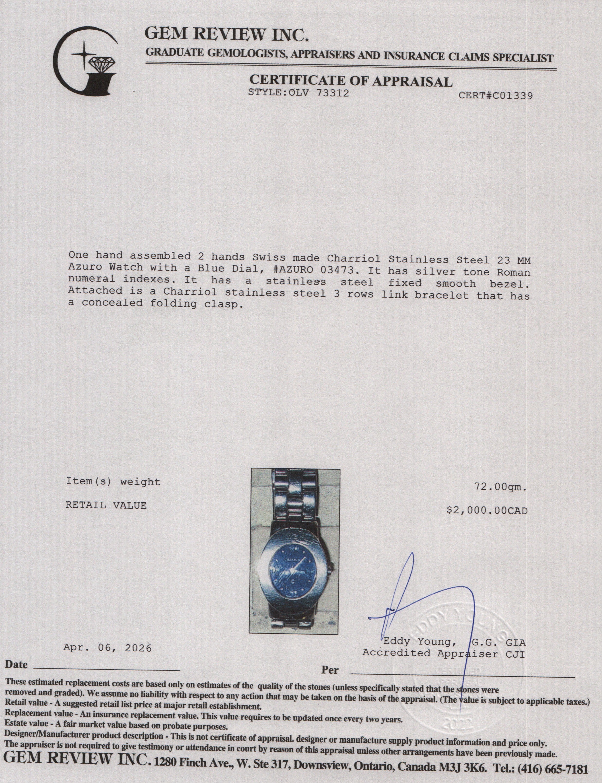 Charriol Stainless Steel 23 MM Azuro Watch Blue Dial
