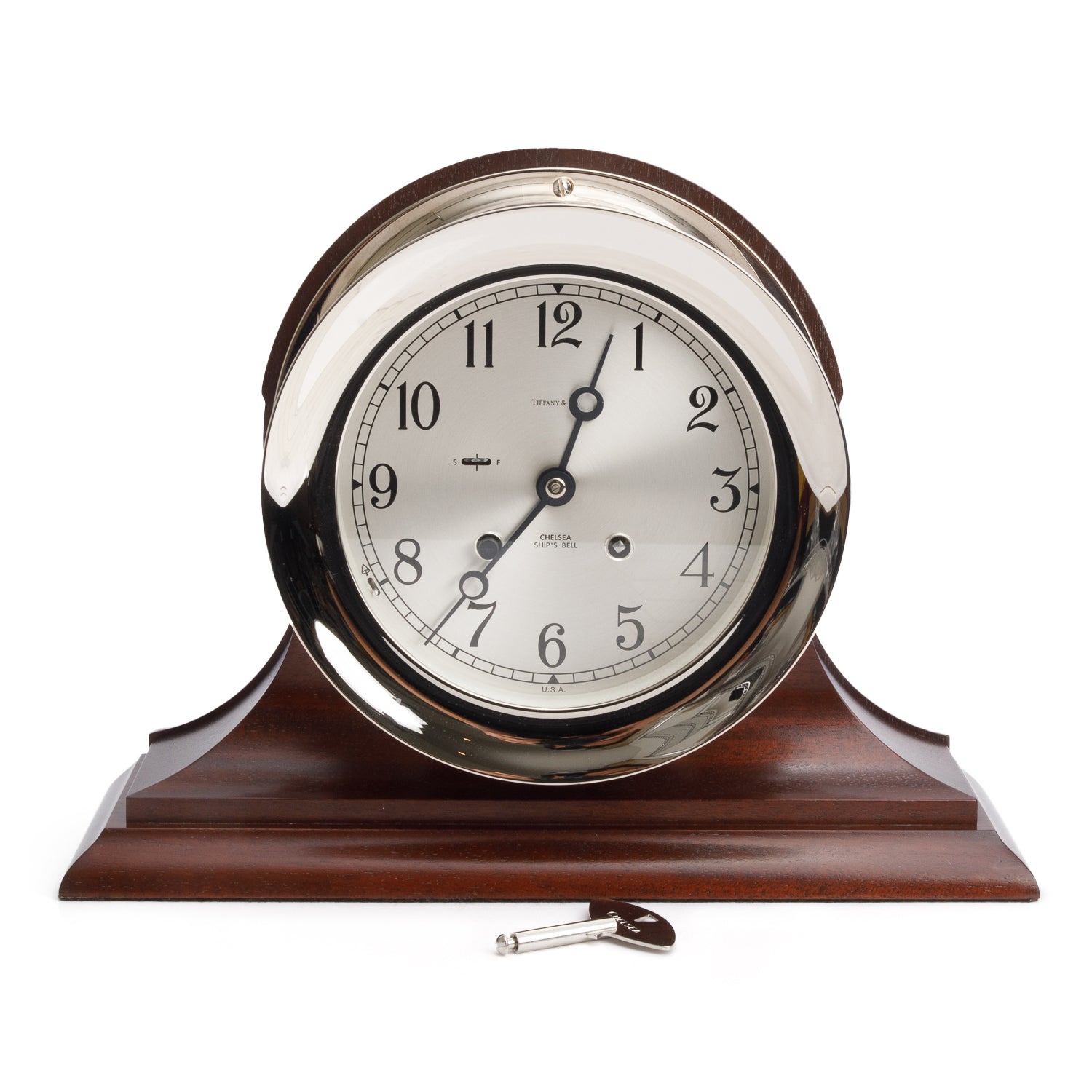 Tiffany & Co. Stainless Steel Wood Chelsea Ship's Bell Desk Clock
