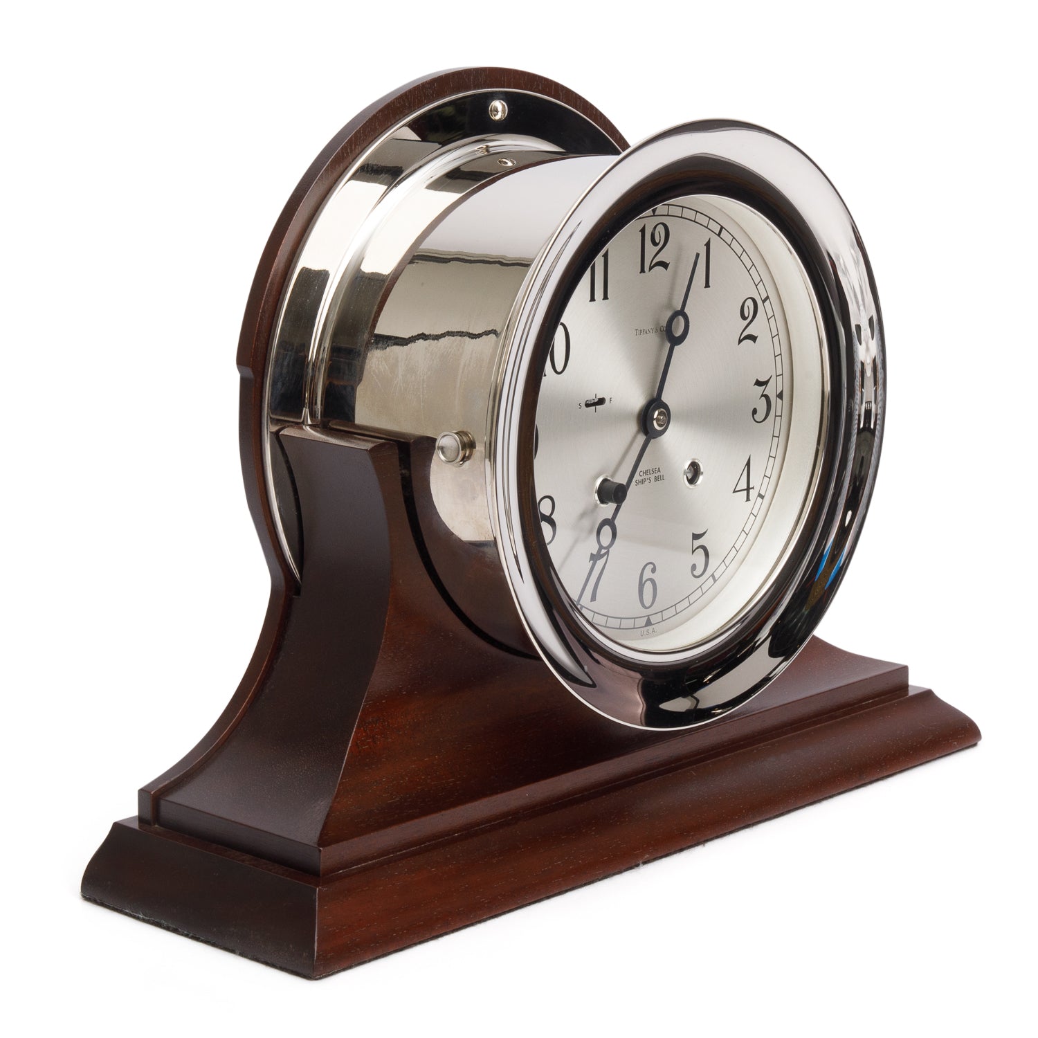 Tiffany & Co. Stainless Steel Wood Chelsea Ship's Bell Desk Clock
