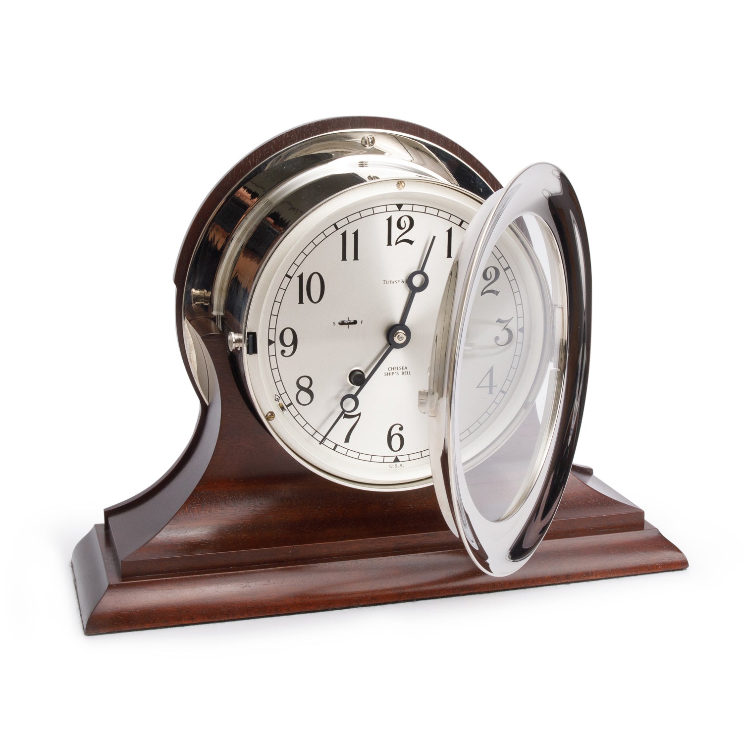 Tiffany & Co. Stainless Steel Wood Chelsea Ship's Bell Desk Clock