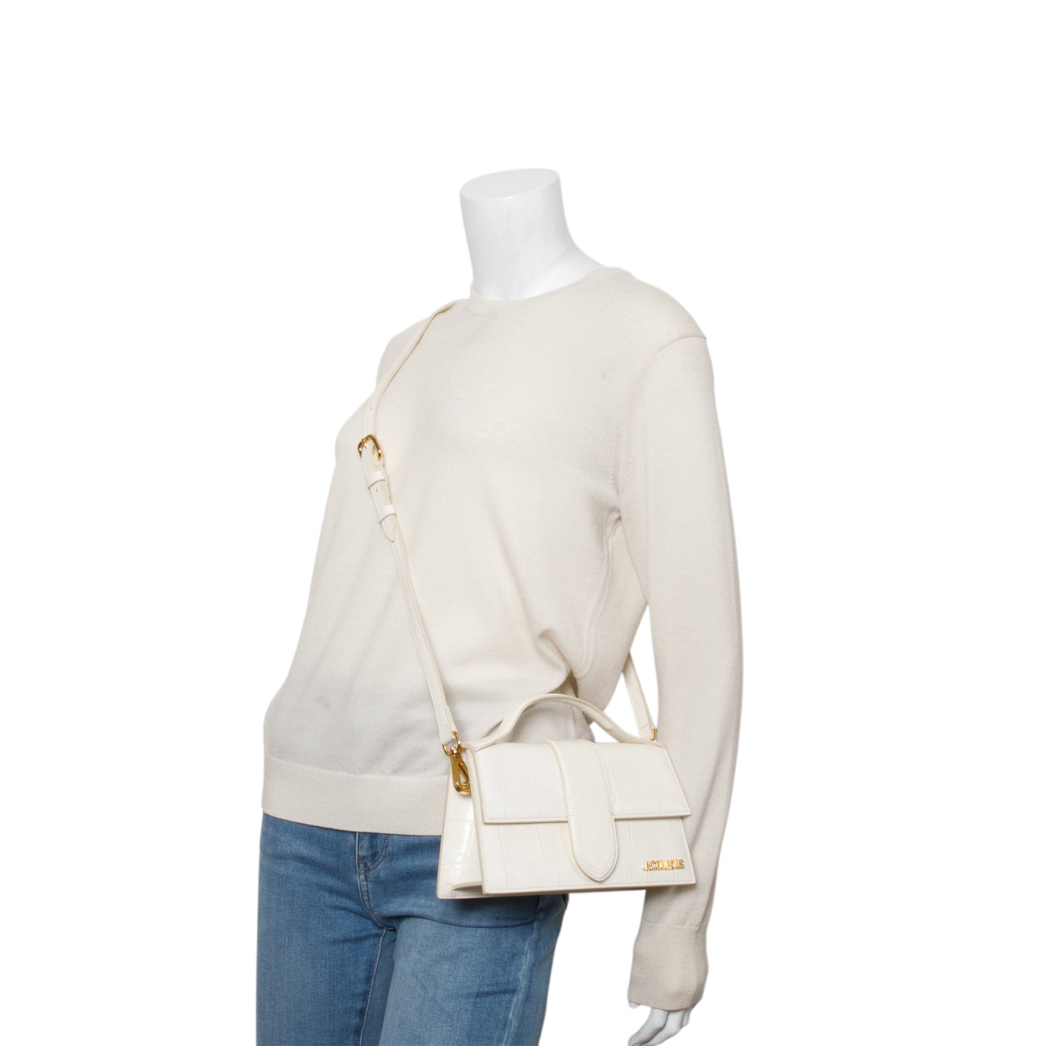 Jacquemus Cream Croc Embossed Glazed Calfskin Le Grand Bambino w/ Strap