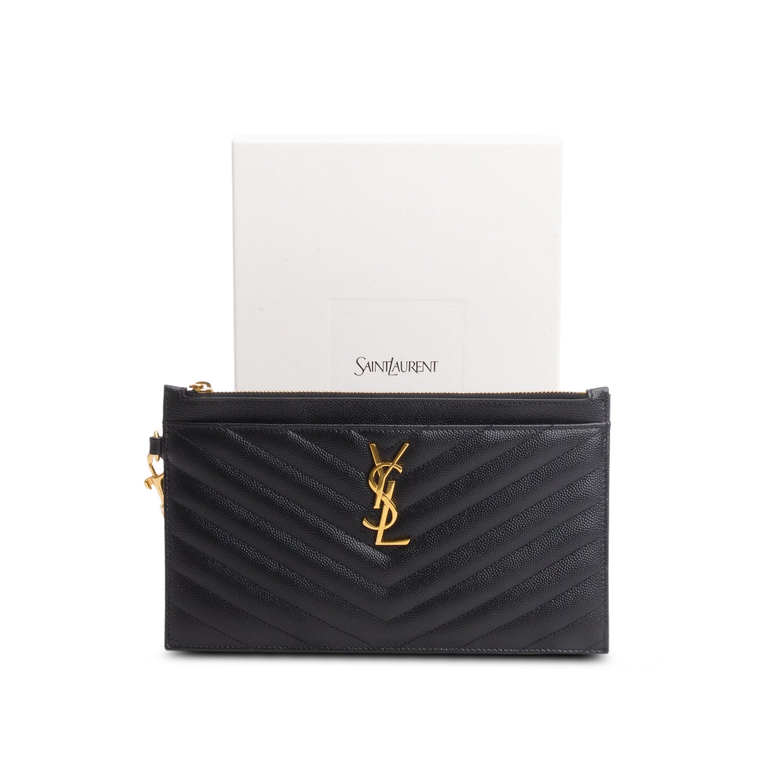 Saint Laurent 2024 Black Grain De Poudre Chevron Monogram Large Bill Pouch w/ Box