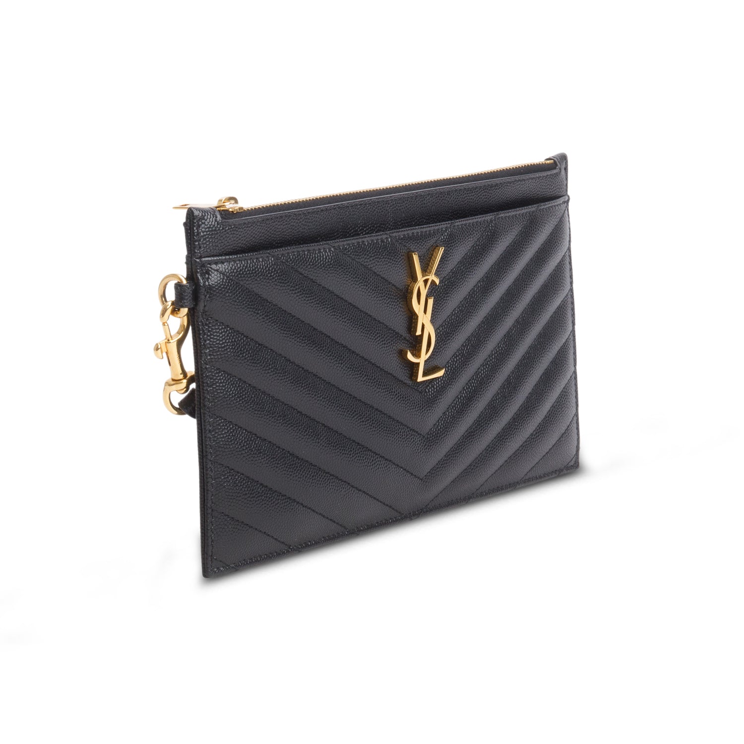 Saint Laurent 2024 Black Grain De Poudre Chevron Monogram Large Bill Pouch w/ Box