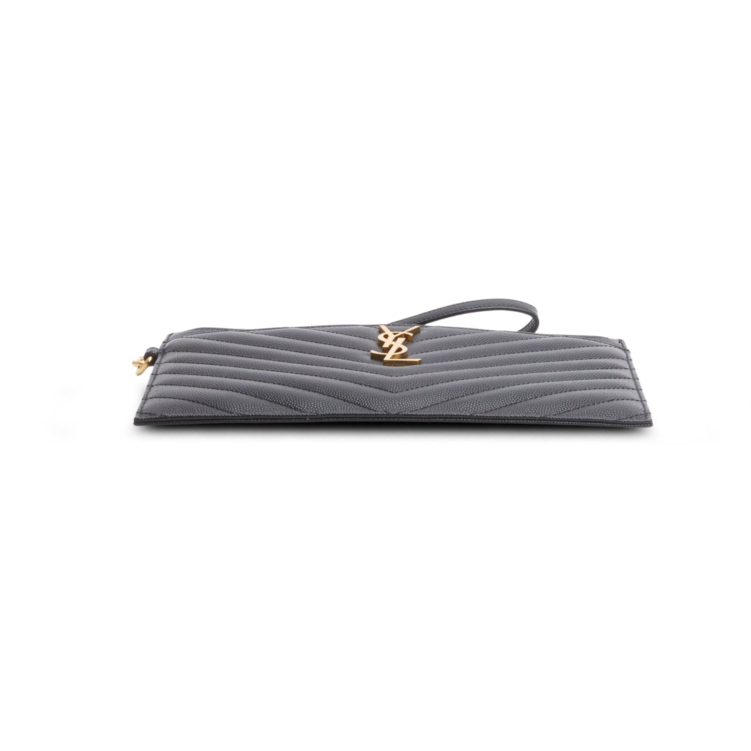 Saint Laurent 2024 Black Grain De Poudre Chevron Monogram Large Bill Pouch w/ Box