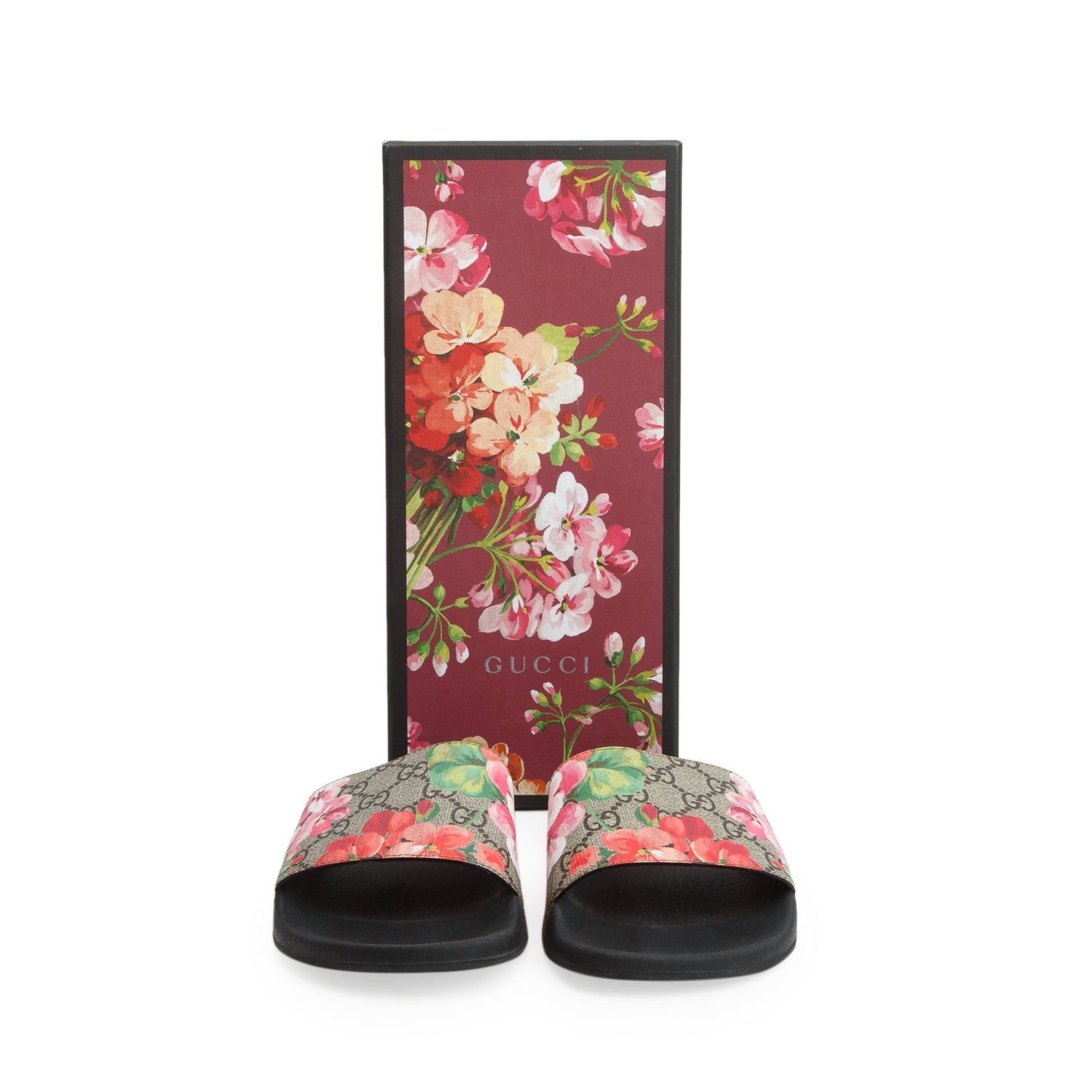 Gucci GG Supreme Blooms Canvas Black Rubber Slide Sandals, Women's Size 39 w/ Box