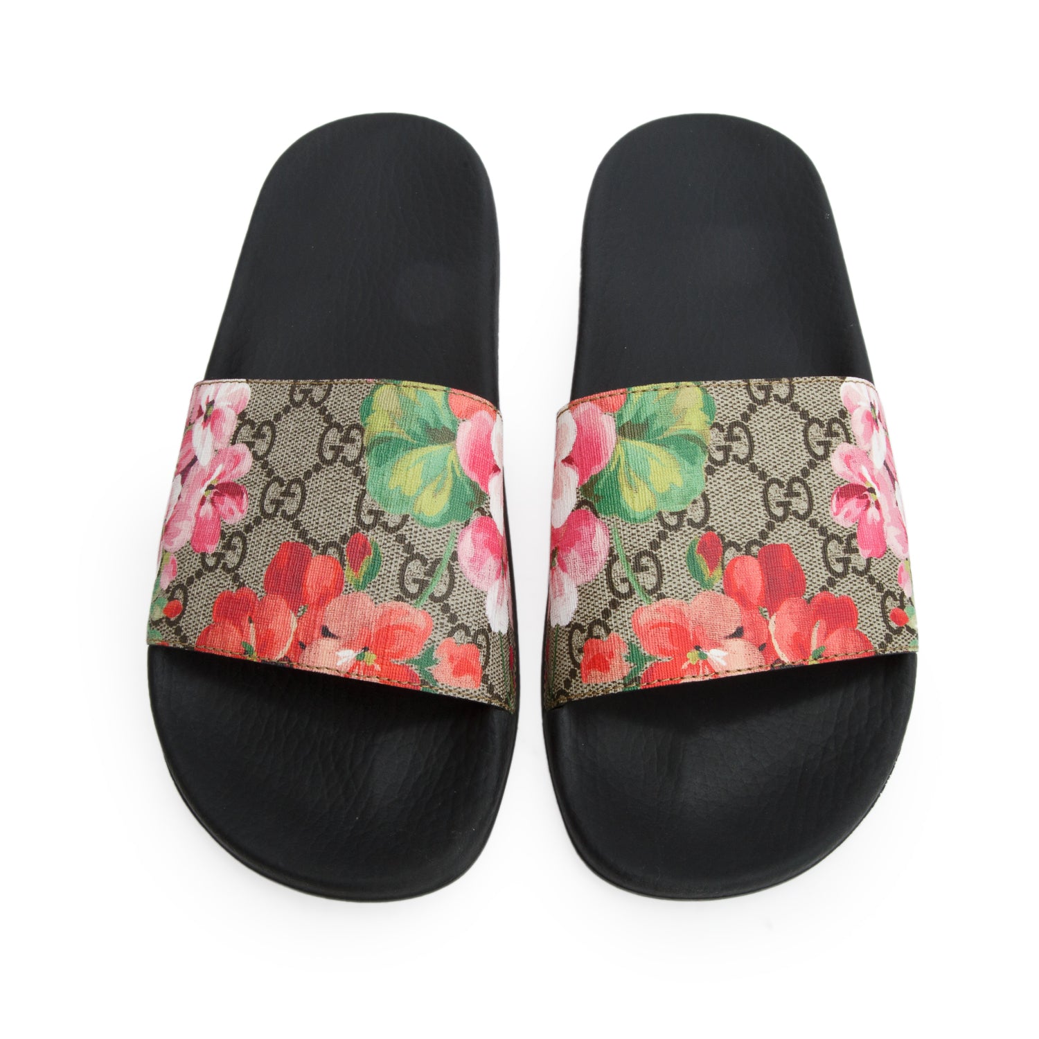 Gucci GG Supreme Blooms Canvas Black Rubber Slide Sandals, Women's Size 39 w/ Box