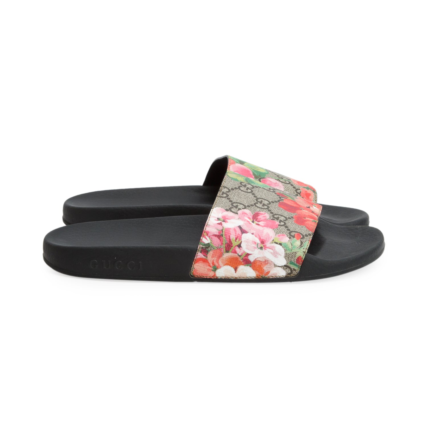 Gucci GG Supreme Blooms Canvas Black Rubber Slide Sandals, Women's Size 39 w/ Box