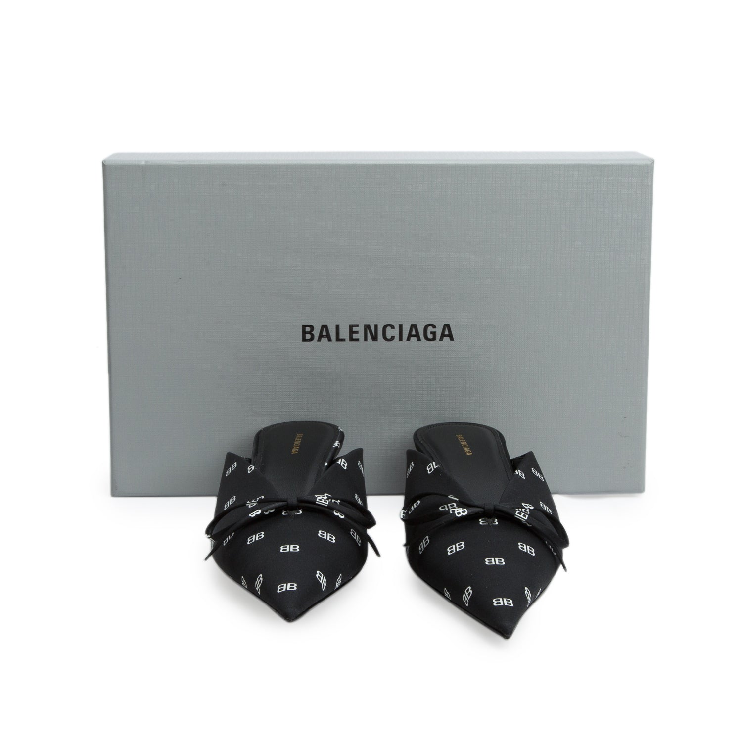 Balenciaga Black Crepe Satin Printed BB Knife Mules, Women's Size 37 w/ Box