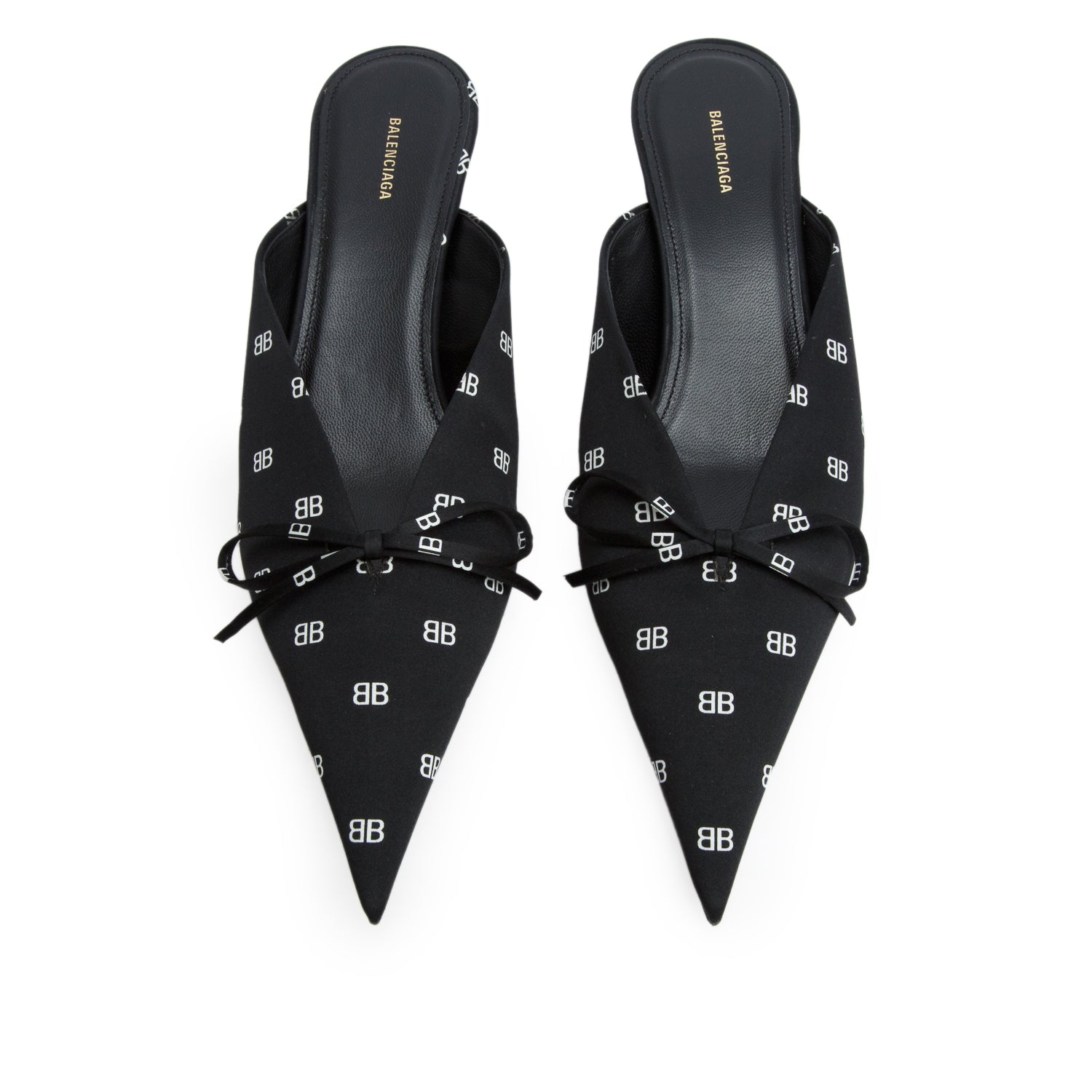 Balenciaga Black Crepe Satin Printed BB Knife Mules, Women's Size 37 w/ Box