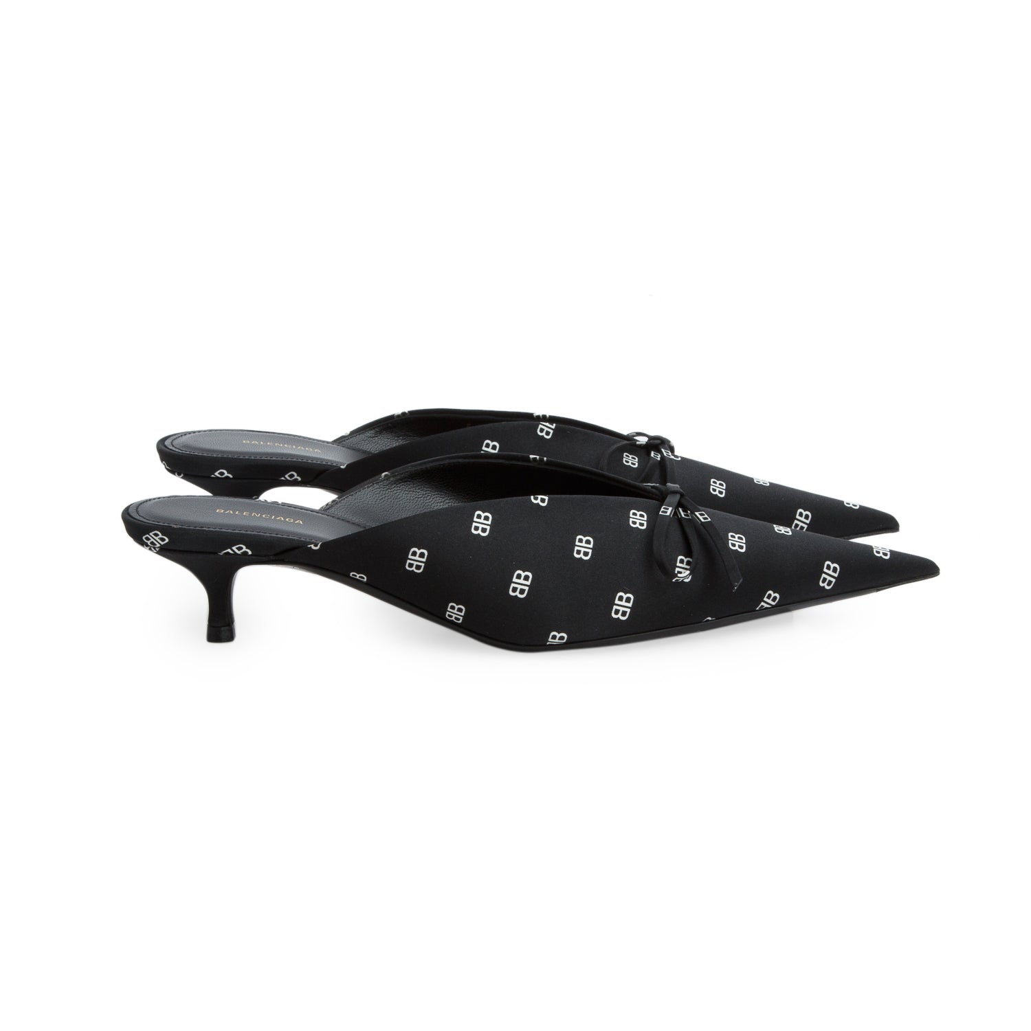 Balenciaga Black Crepe Satin Printed BB Knife Mules, Women's Size 37 w/ Box