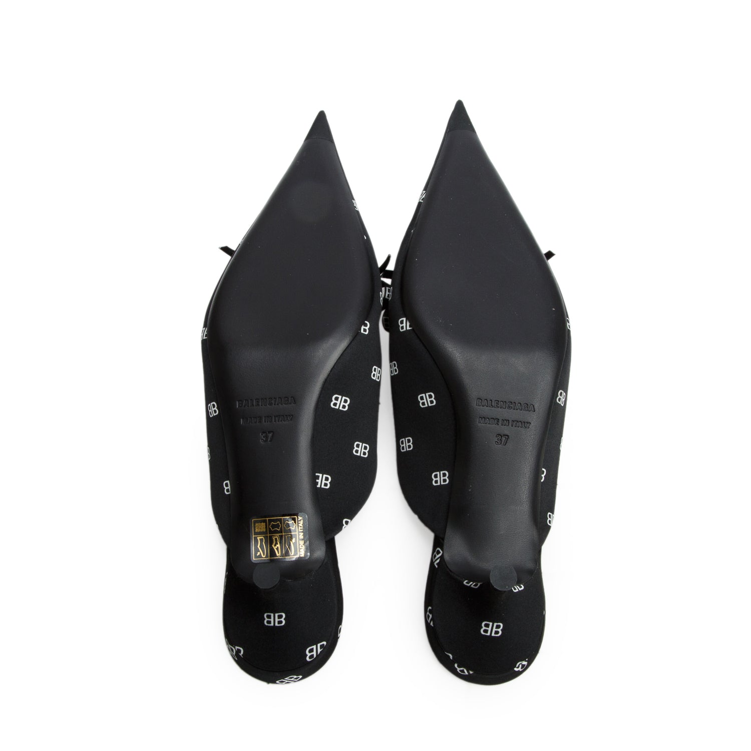 Balenciaga Black Crepe Satin Printed BB Knife Mules, Women's Size 37 w/ Box