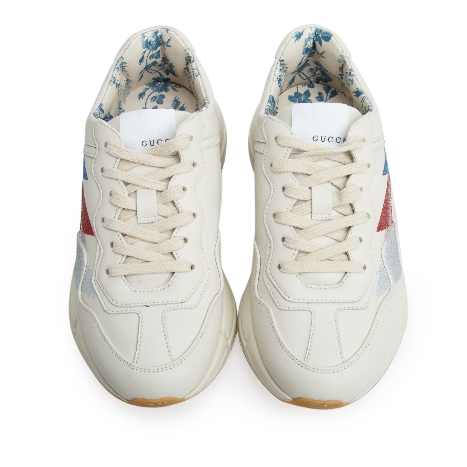 Gucci Beige Leather Glitter Lightning Bolt Rhyton Sneakers, Women's Size 36.5 w/ Box