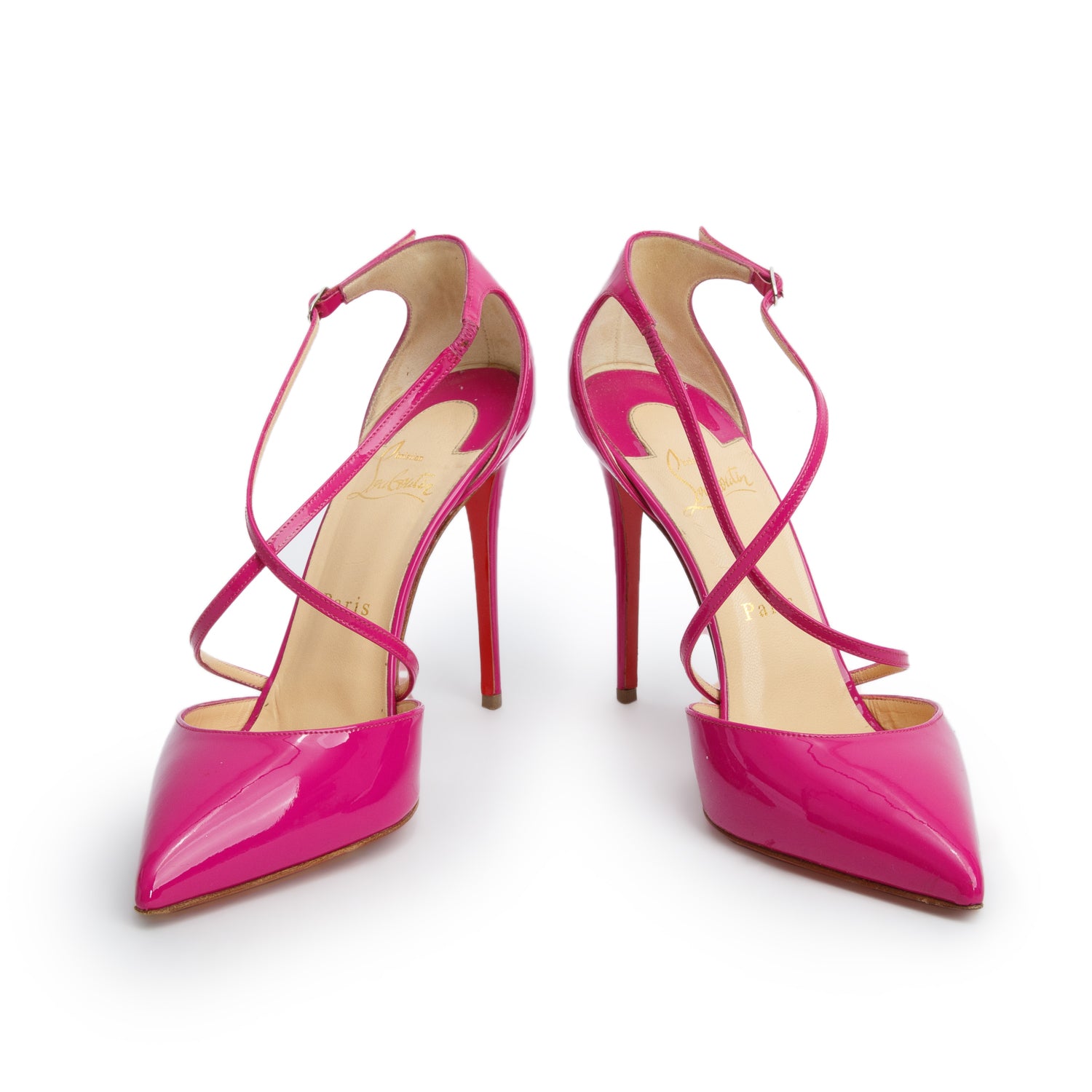 Christian Louboutin Fuschia Patent Leather Cross Blake 100 Pumps, Women's Size 39.5 w/ Box