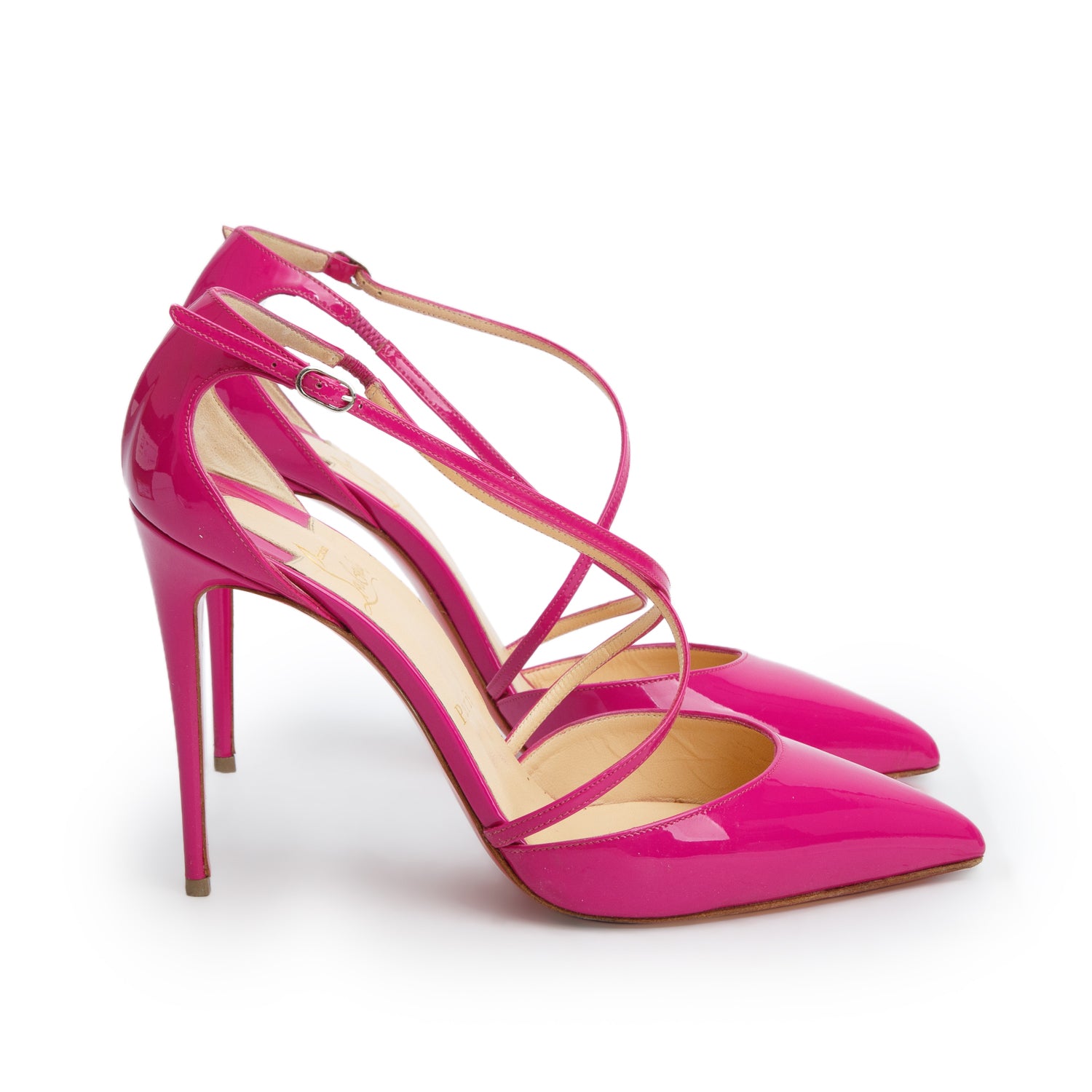 Christian Louboutin Fuschia Patent Leather Cross Blake 100 Pumps, Women's Size 39.5 w/ Box