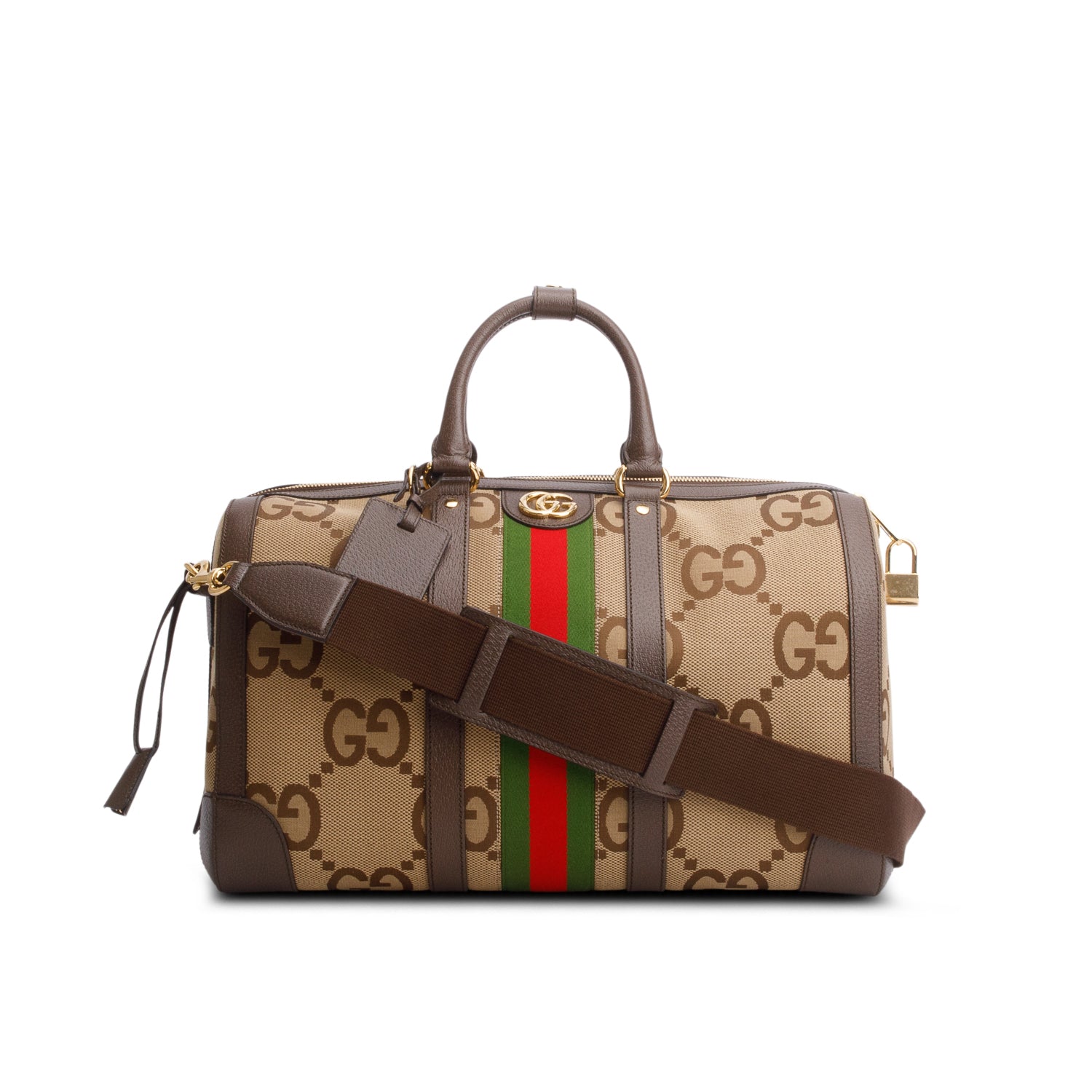 Gucci Brown Monogram Jumbo GG Textured Dollar Calfskin Web Large Duffle Bag w/ Strap