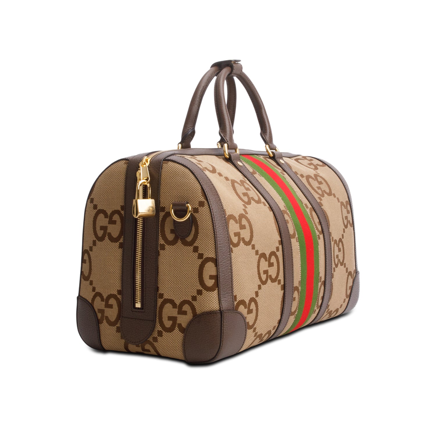 Gucci Brown Monogram Jumbo GG Textured Dollar Calfskin Web Large Duffle Bag w/ Strap