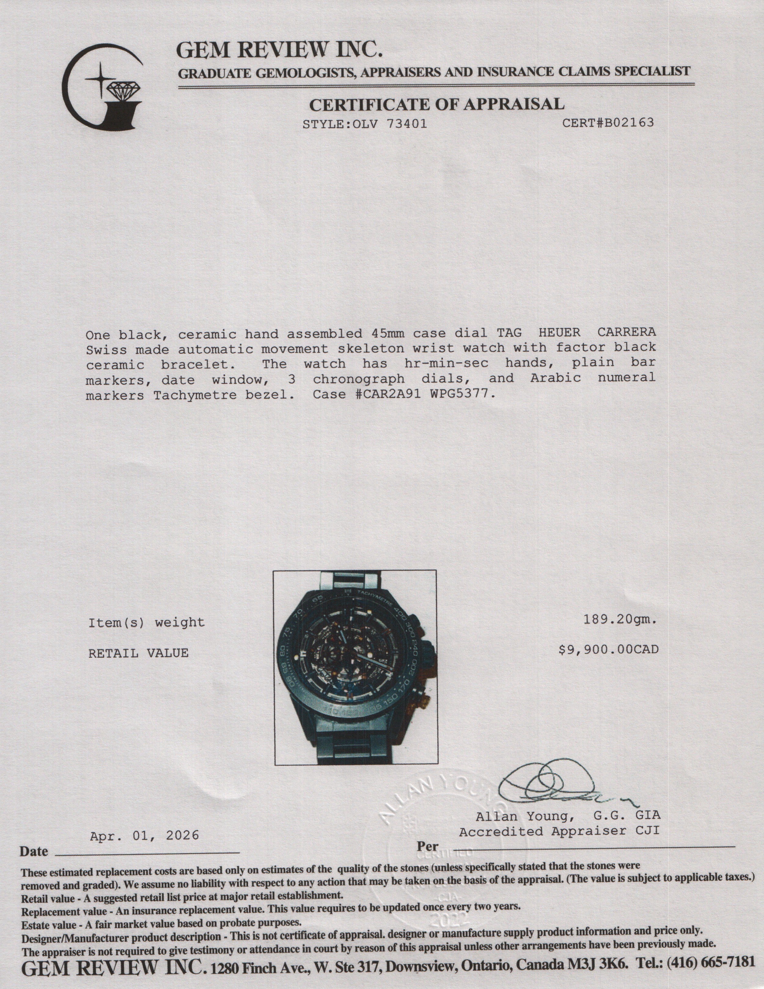 Tag Heuer Black Ceramic Carrera 45 MM Automatic Chronograph Watch CAR2A91 w/ Box & Papers