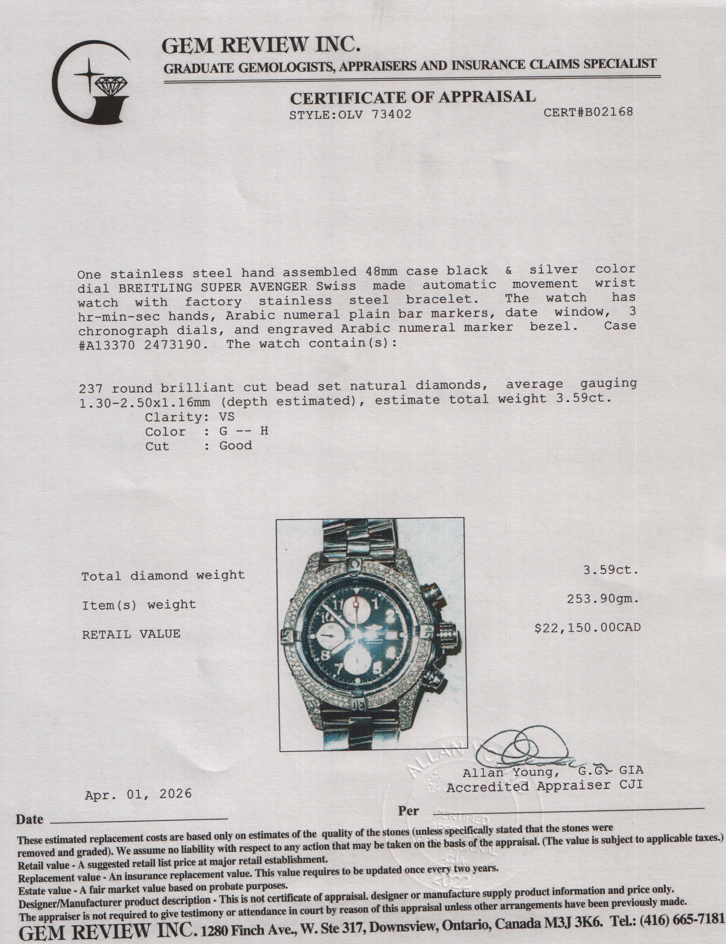 Breitling Stainless Steel Diamond Bezel Super Avenger 48 MM Automatic Chronograph Watch Grey Dial A13370