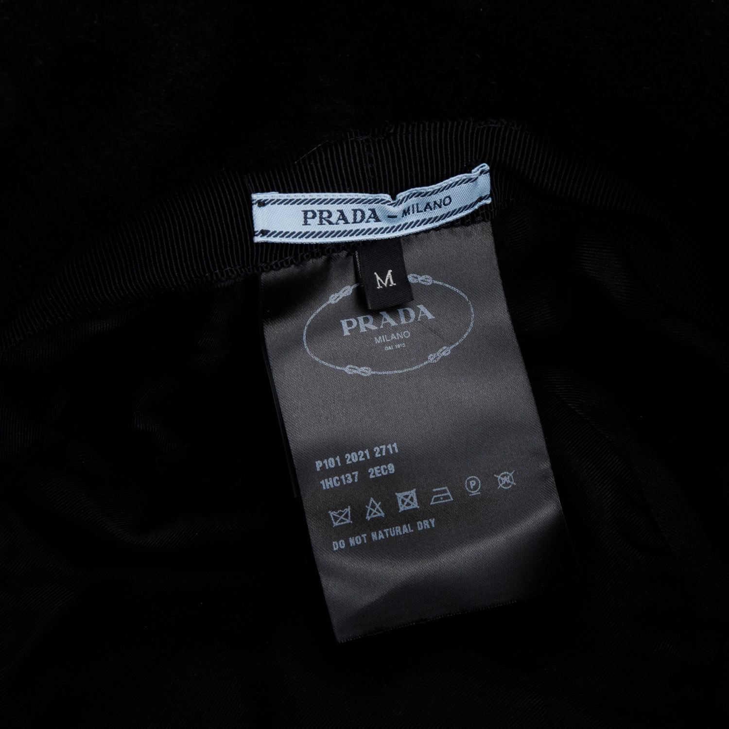 Prada 2021 Black Shearling Enameled Triangle Bucket Hat, Size M