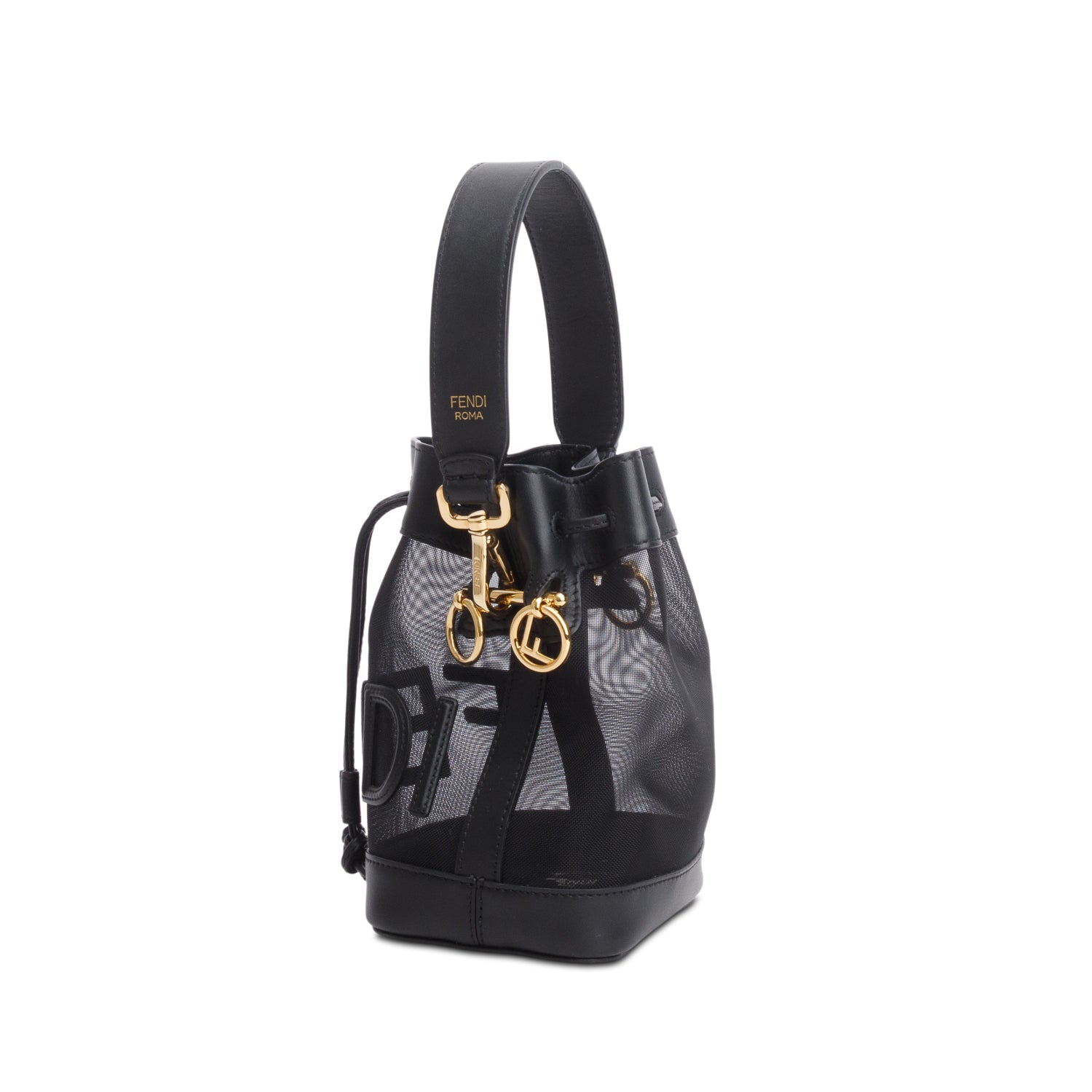 Fendi Black Mesh Vitello King F Logo Embroidered Mini Mon Tresor Bucket Bag