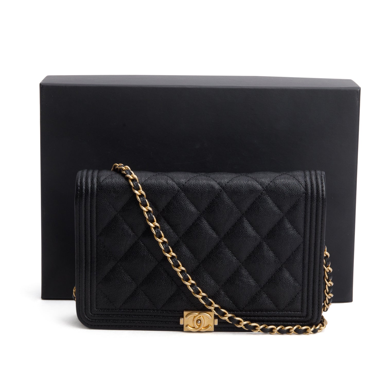 Chanel Black Caviar Leather Boy Wallet on Chain w/ Box & Authenticity Card