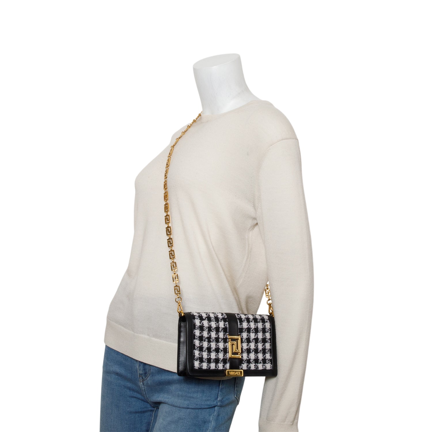 Versace Black White Houndstooth Tweed Calfskin Greca Goddess Wallet on Chain w/ Box