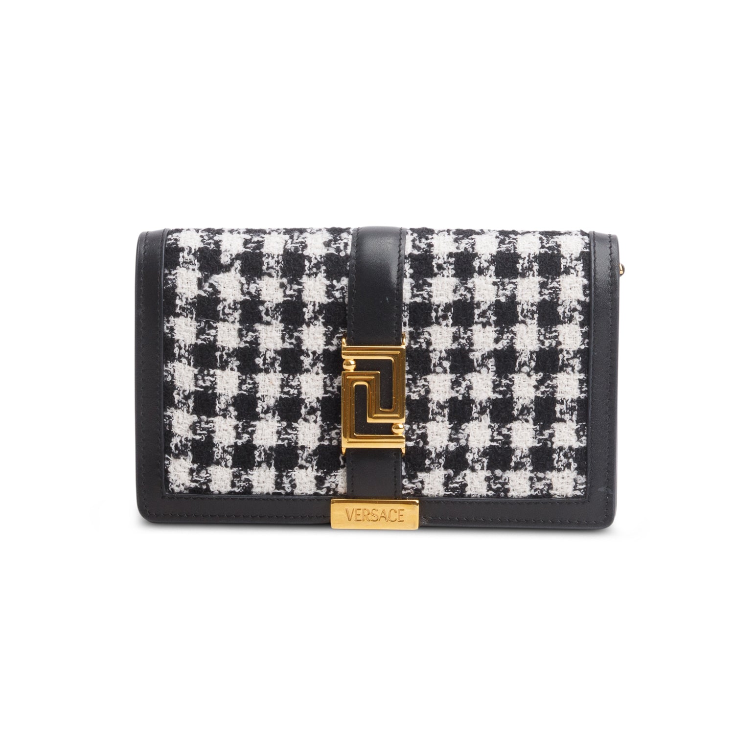 Versace Black White Houndstooth Tweed Calfskin Greca Goddess Wallet on Chain w/ Box