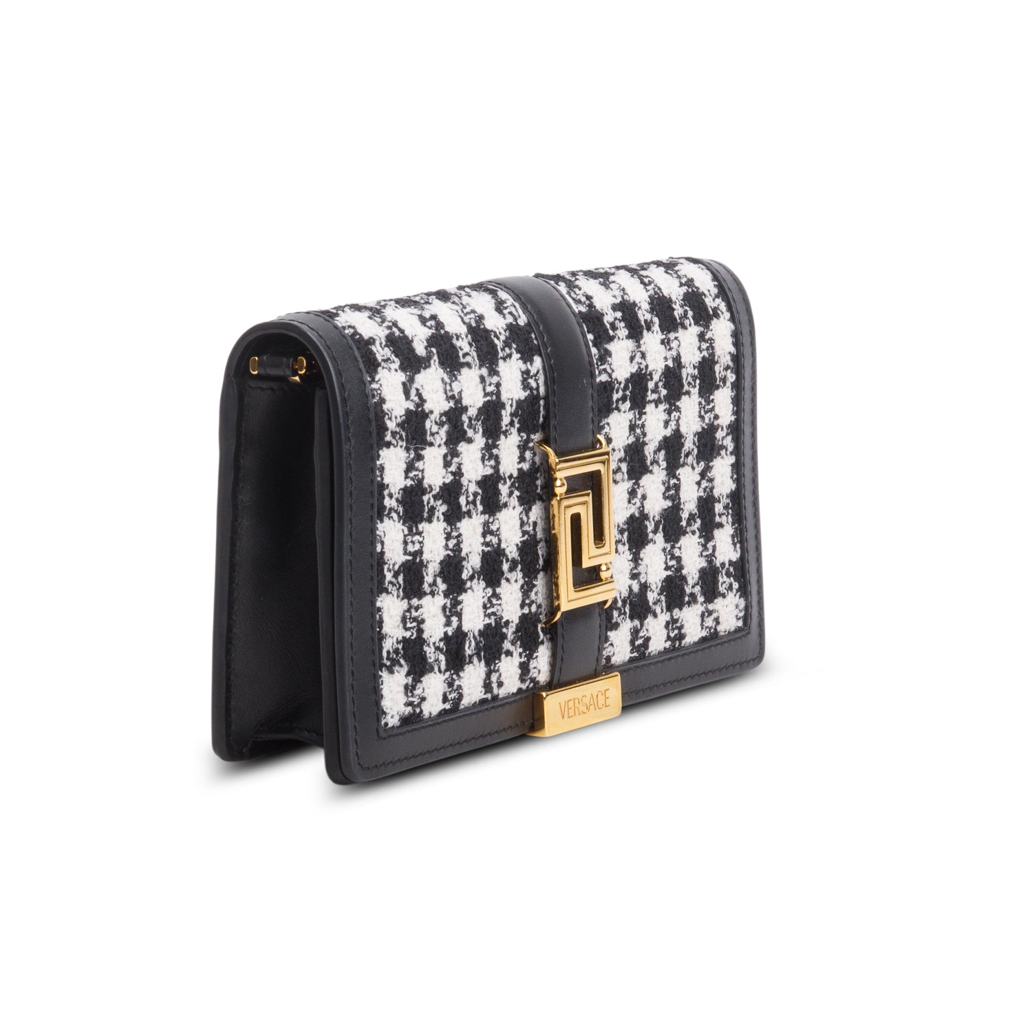 Versace Black White Houndstooth Tweed Calfskin Greca Goddess Wallet on Chain w/ Box