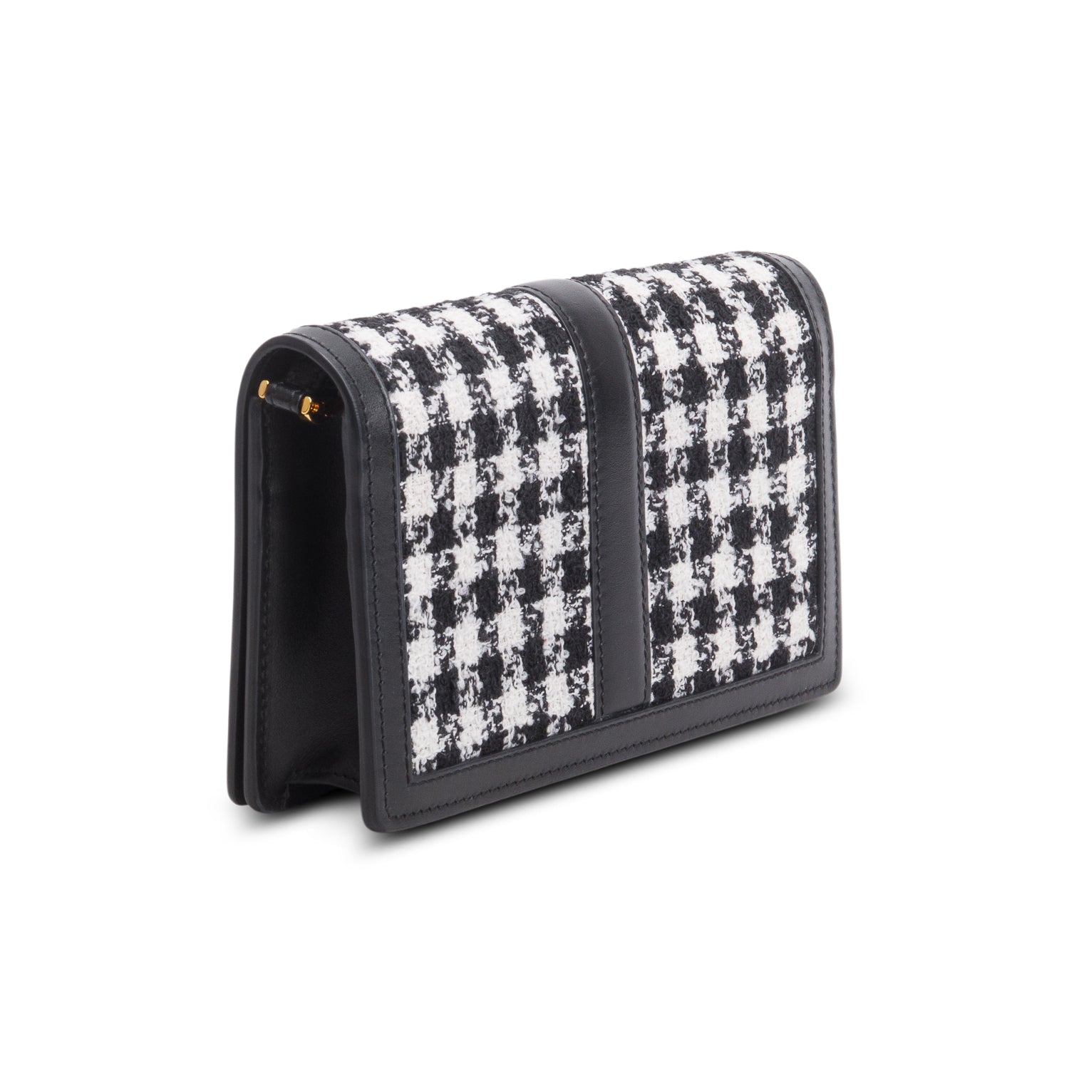 Versace Black White Houndstooth Tweed Calfskin Greca Goddess Wallet on Chain w/ Box