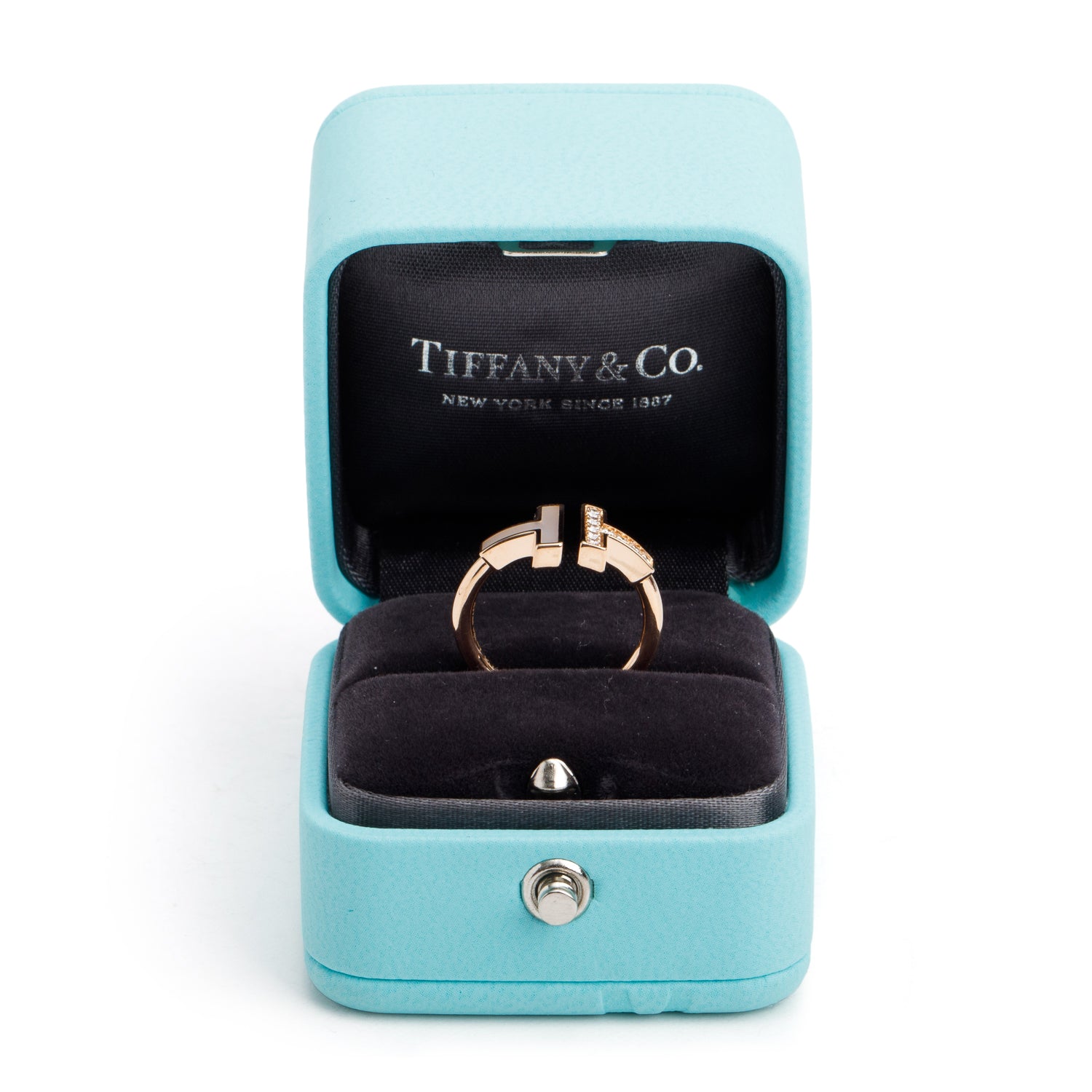 Tiffany & Co. 18k Rose Gold Mother of Pearl & Diamond T Wire  Ring, Size 4.5 w/ Box