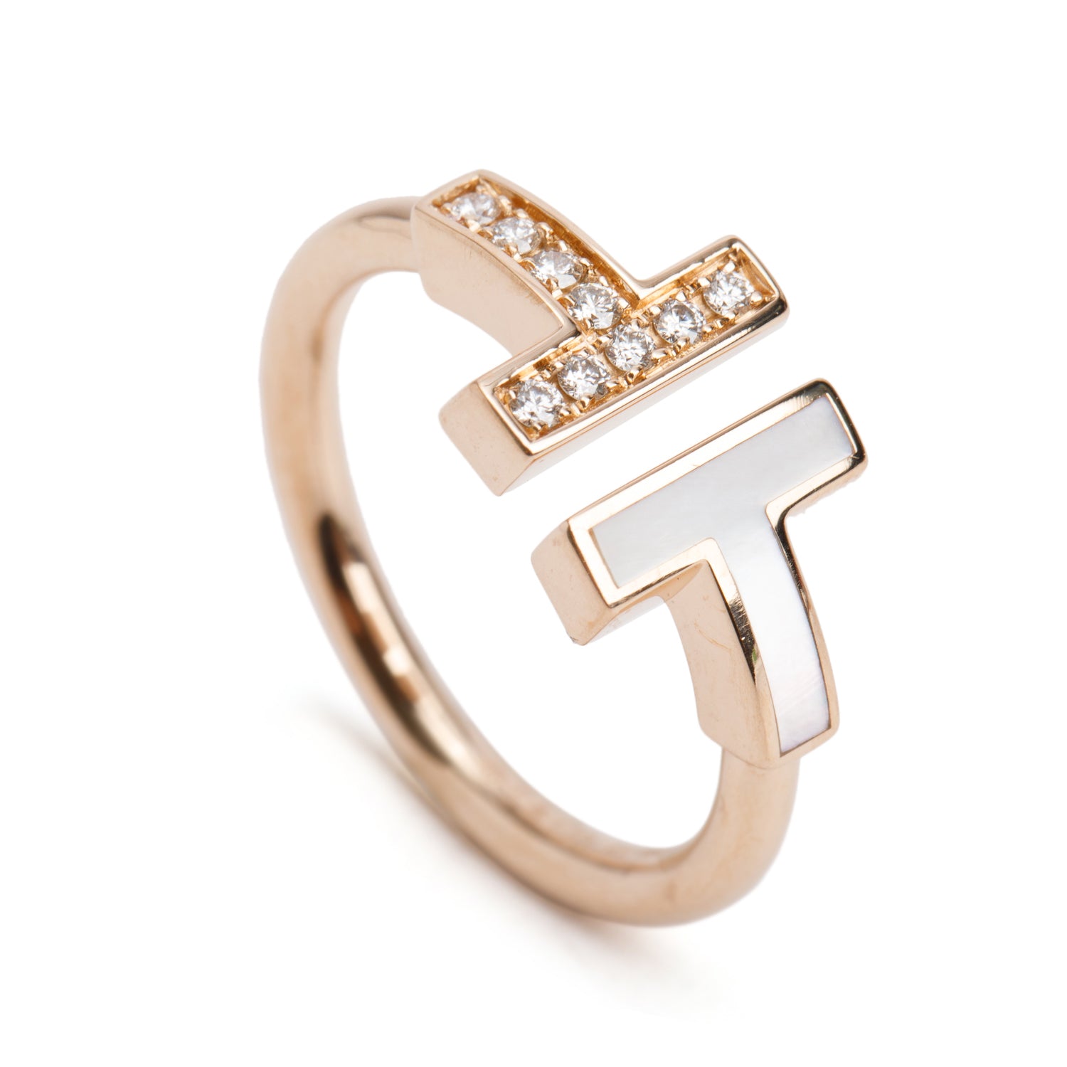 Tiffany & Co. 18k Rose Gold Mother of Pearl & Diamond T Wire  Ring, Size 4.5 w/ Box