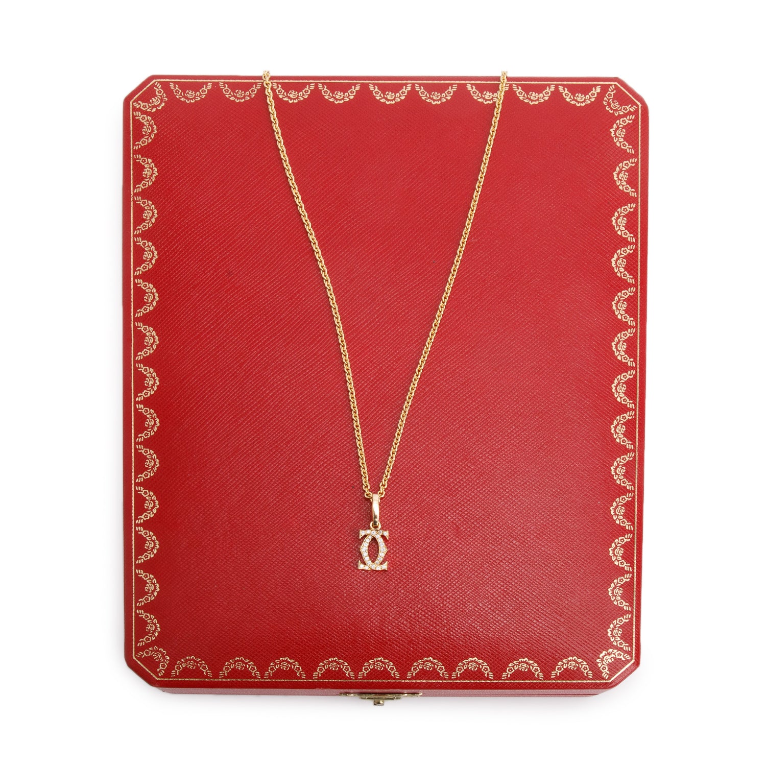 Cartier 18k Yellow Gold Diamond Double C Pendant Necklace w/ Box