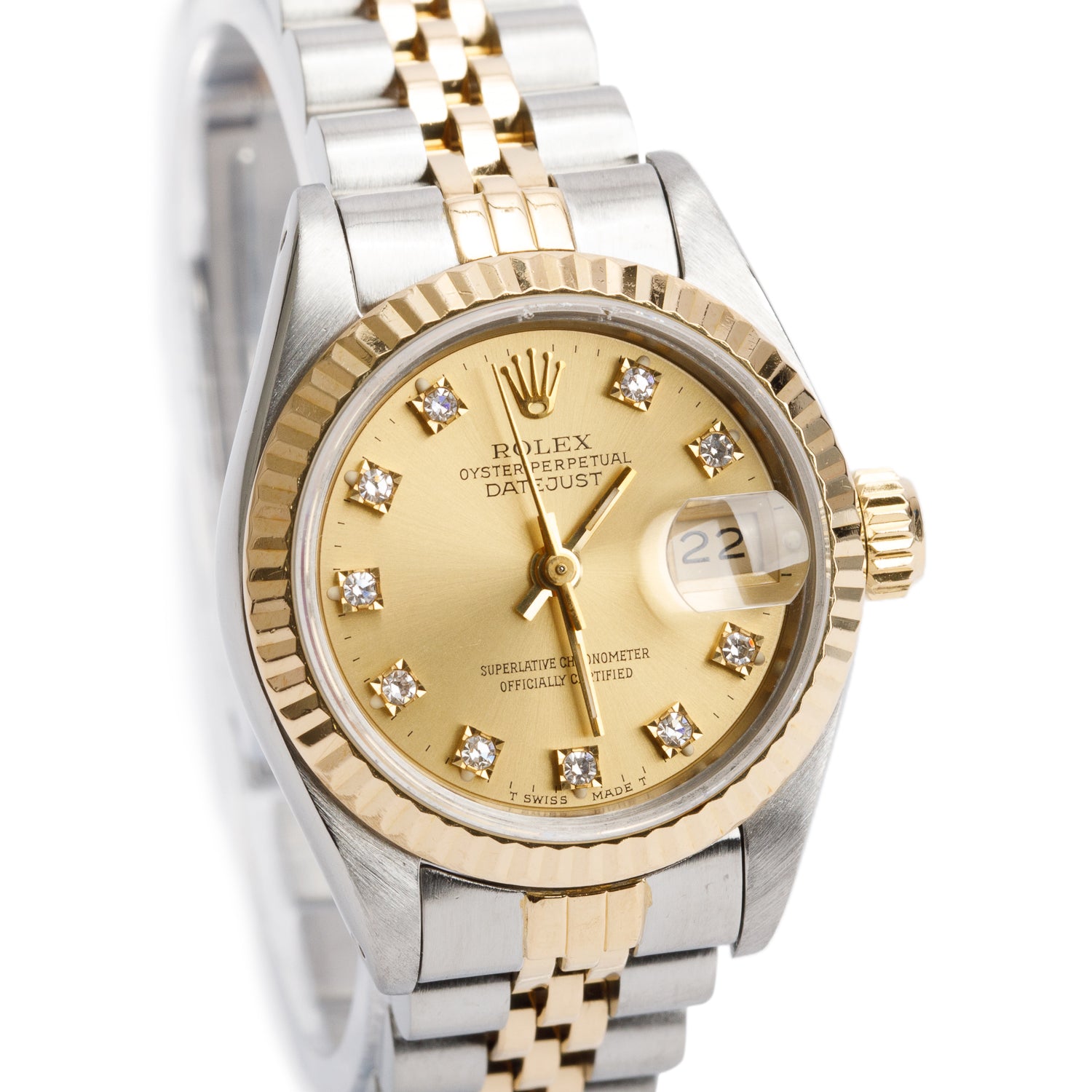 Rolex Stainless Steel & 18k Yellow Gold Datejust 26 MM Watch Champagne Diamond Dial 69173