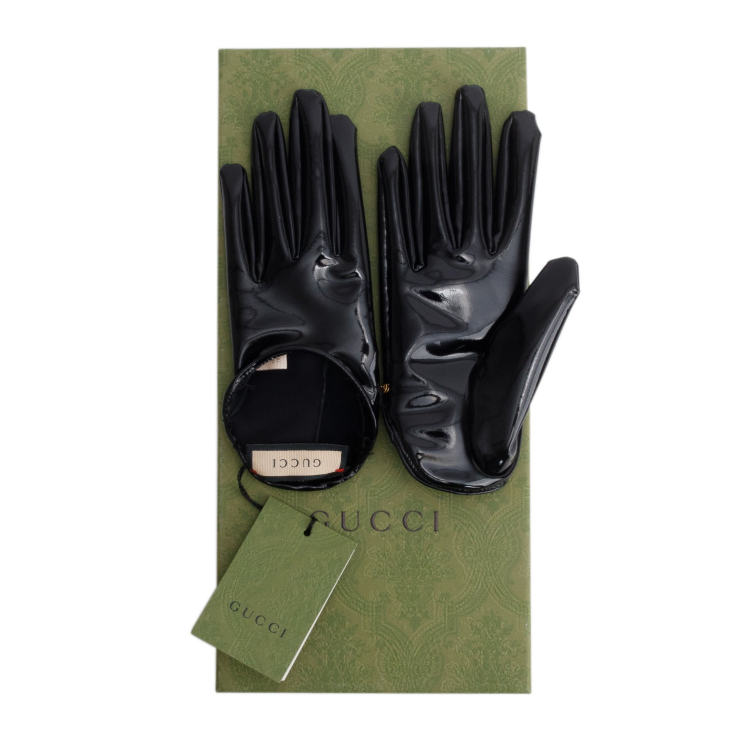 Gucci Black Shiny Lycra Gloves, Women's Size 7.5 w/ Box